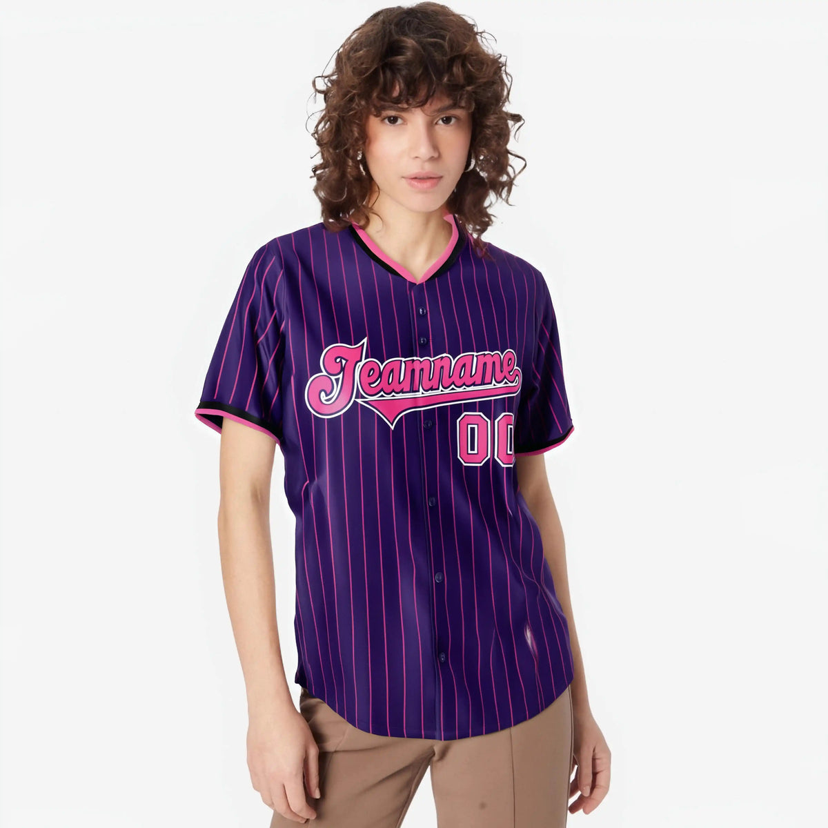 Custom Purple Pink Pinstripe Pink-White Authentic Baseball Jersey