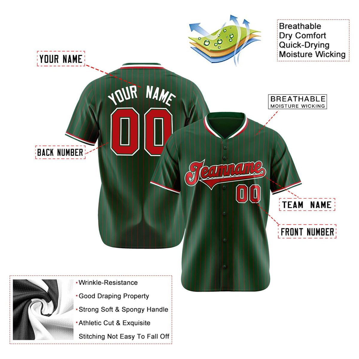Custom Midnight Green Red Pinstripe Red-White Authentic Baseball Jersey
