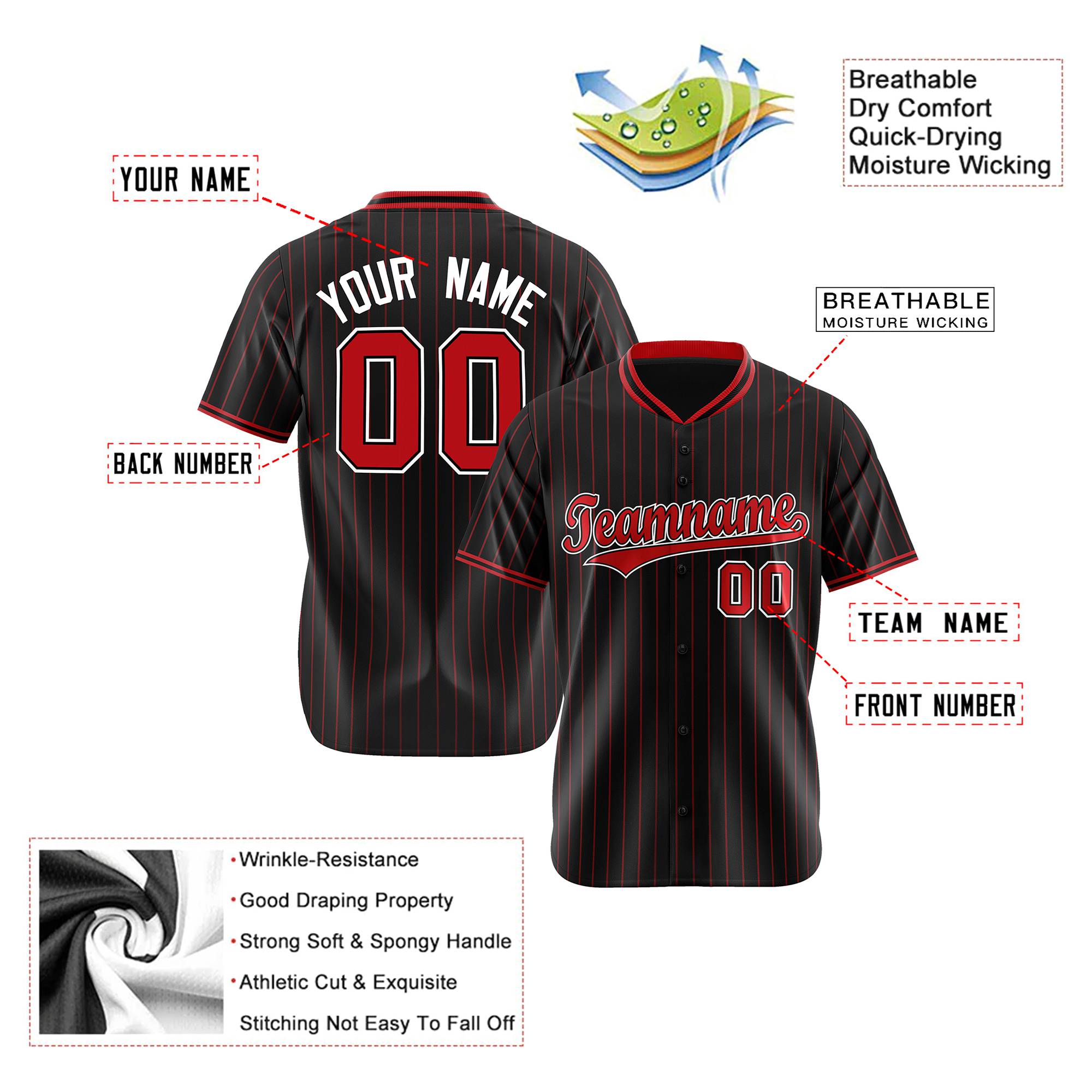 Custom Black Red Pinstripe Red-White Authentic Baseball Jersey