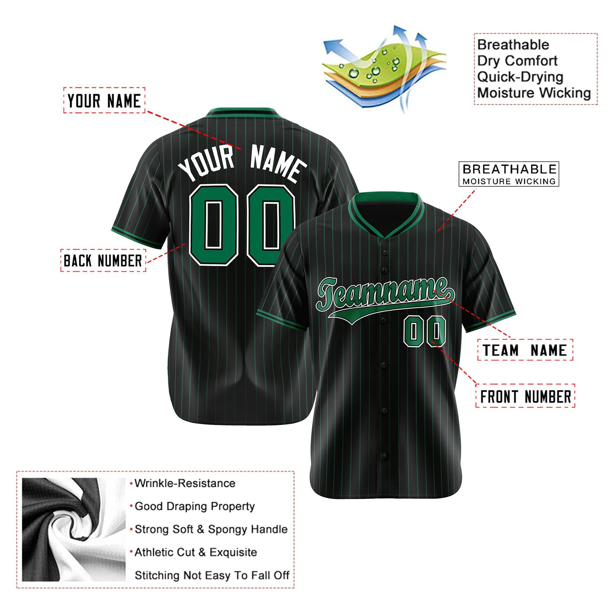 Custom Black Green Pinstripe Green-White Authentic Baseball Jersey