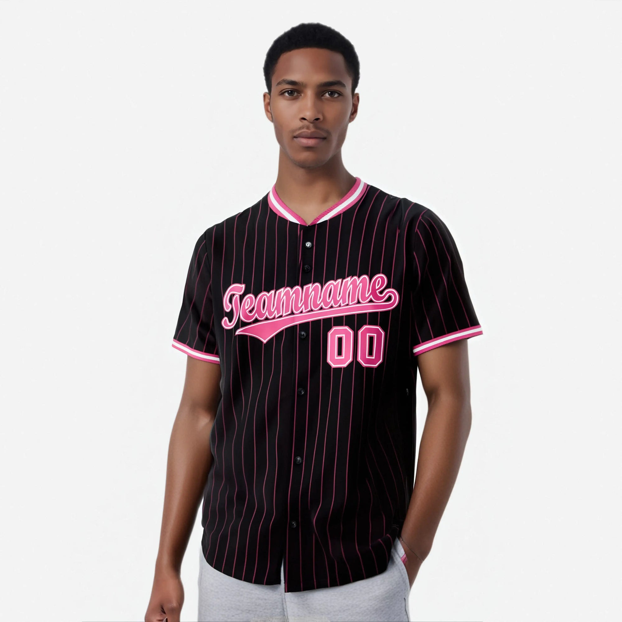 Custom Black Pink Pinstripe Pink-White Authentic Baseball Jersey