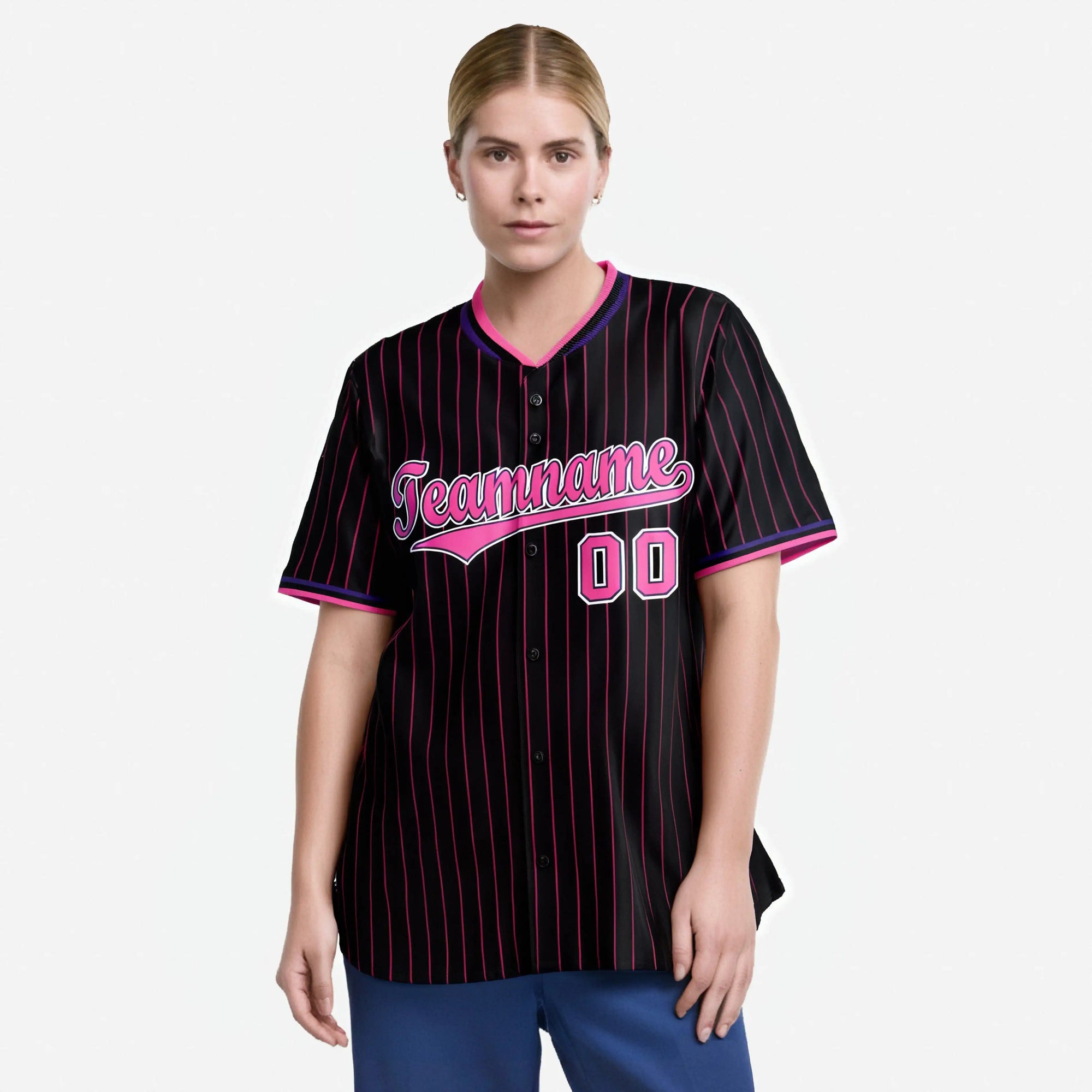 Custom Black Pink Pinstripe Pink-Purple Authentic Baseball Jersey