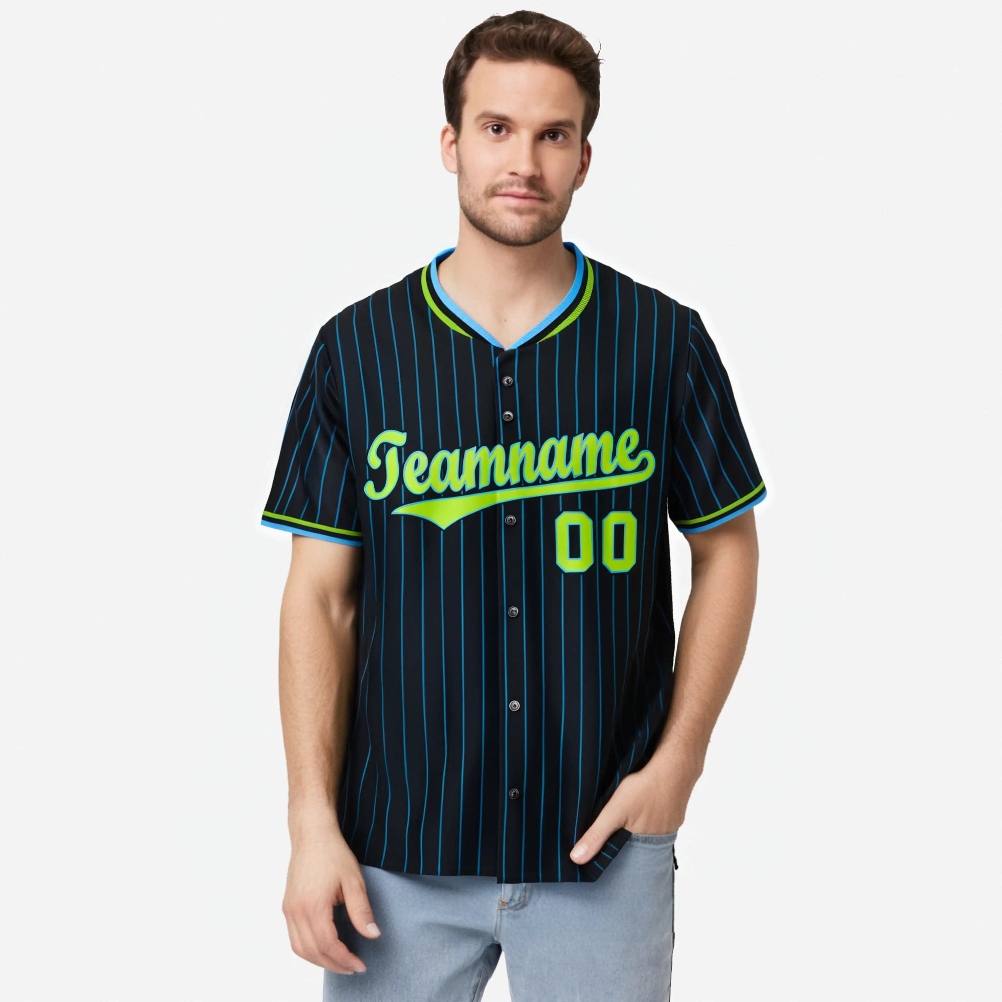 Custom Black Blue Pinstripe Neon-Green Blue Authentic Baseball Jersey