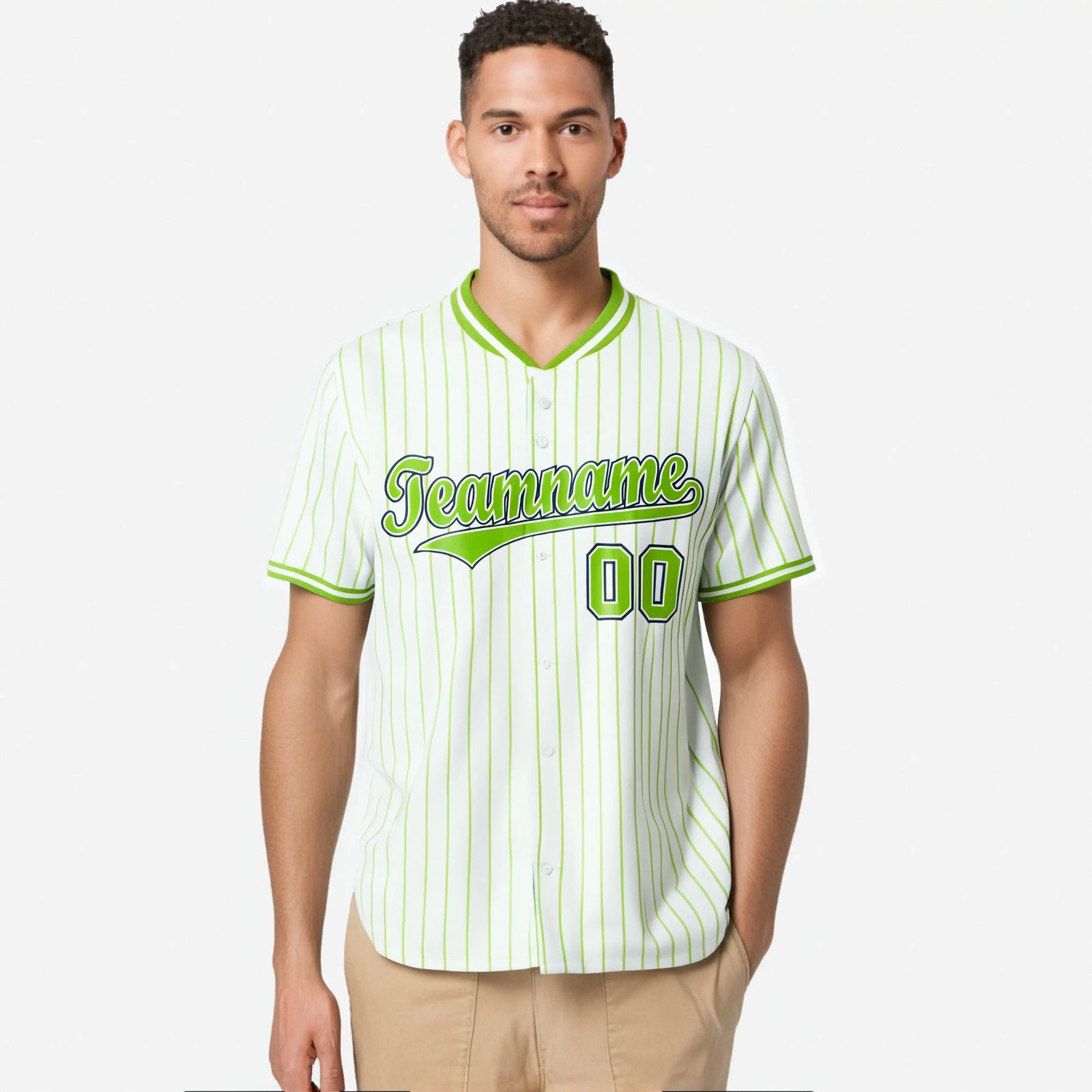 Custom White Neon-Green Pinstripe White Neon-Green Black Authentic Baseball Jersey