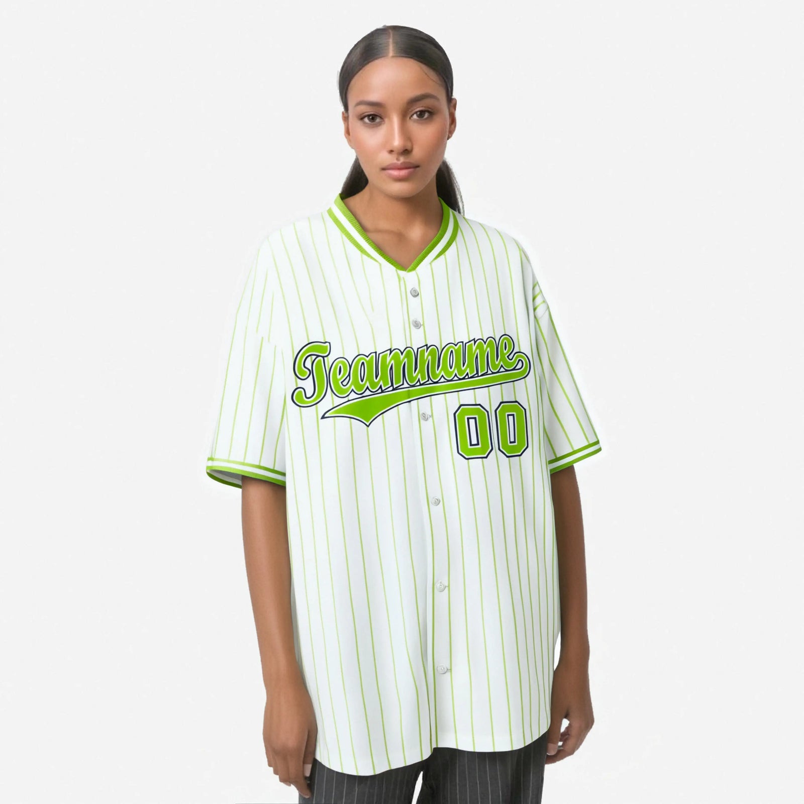 Custom White Neon-Green Pinstripe White Neon-Green Black Authentic Baseball Jersey