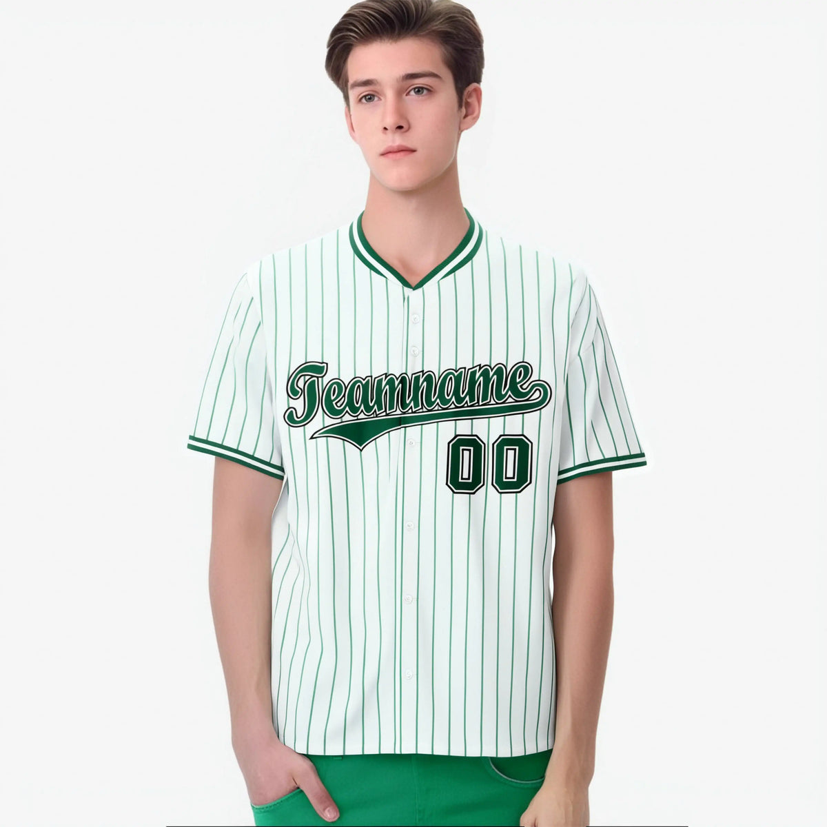 Custom White Kelly-Green Pinstripe White Kelly-Green Black Authentic Baseball Jersey