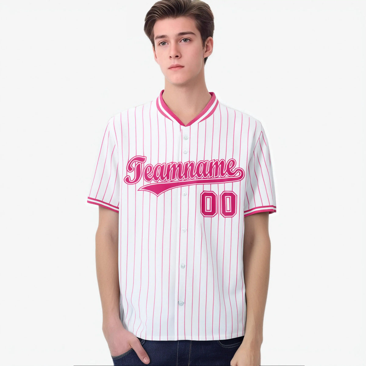 Custom White Pink Pinstripe White-Pink Authentic Baseball Jersey