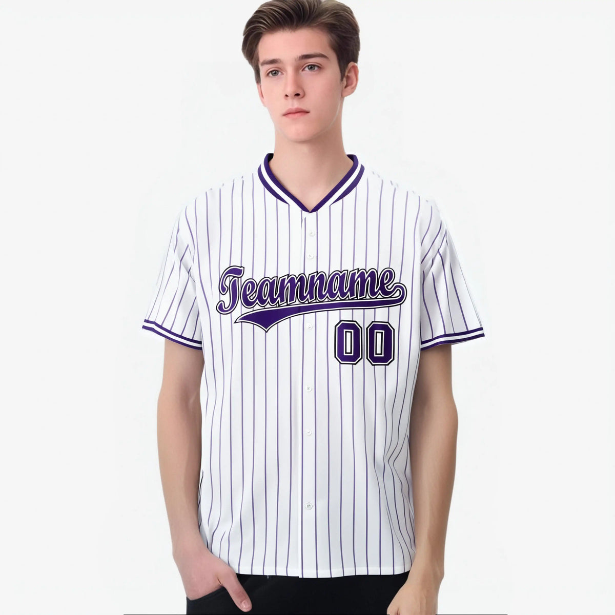 Custom White Purple Pinstripe White-Purple Black Authentic Baseball Jersey