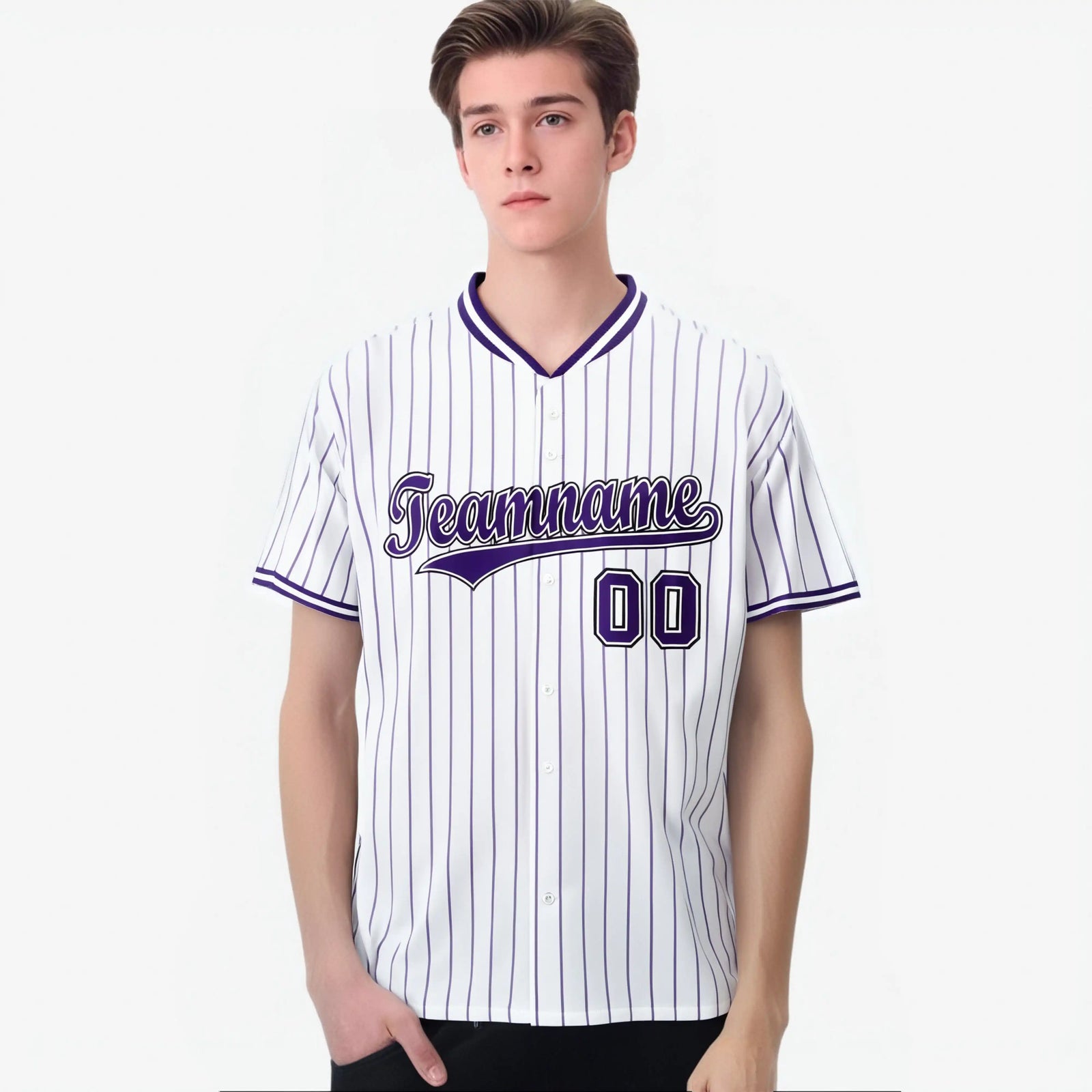 Custom White Purple Pinstripe White-Purple Black Authentic Baseball Jersey