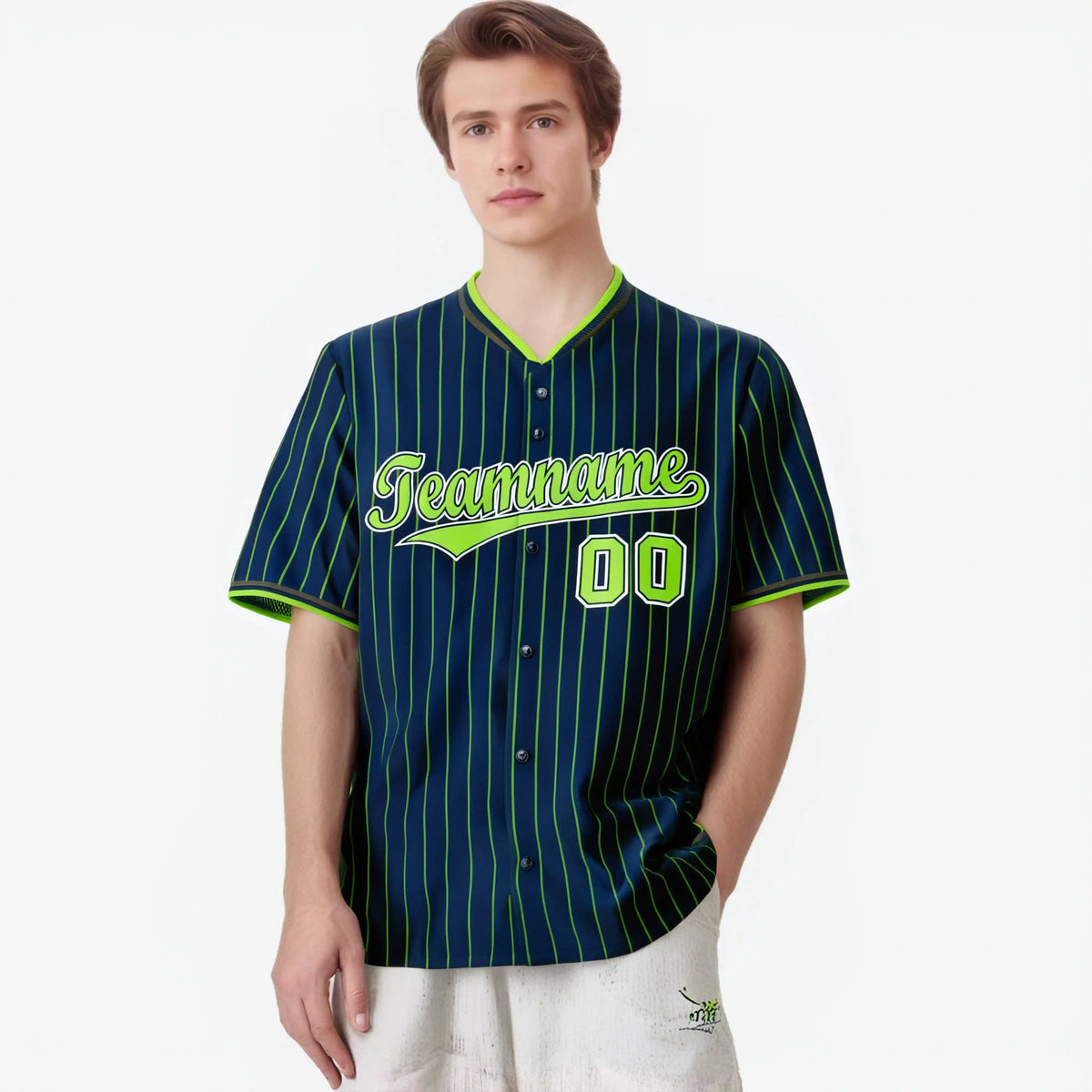 Custom Navy Neon-Green Pinstripe Neon-Green White Authentic Baseball Jersey