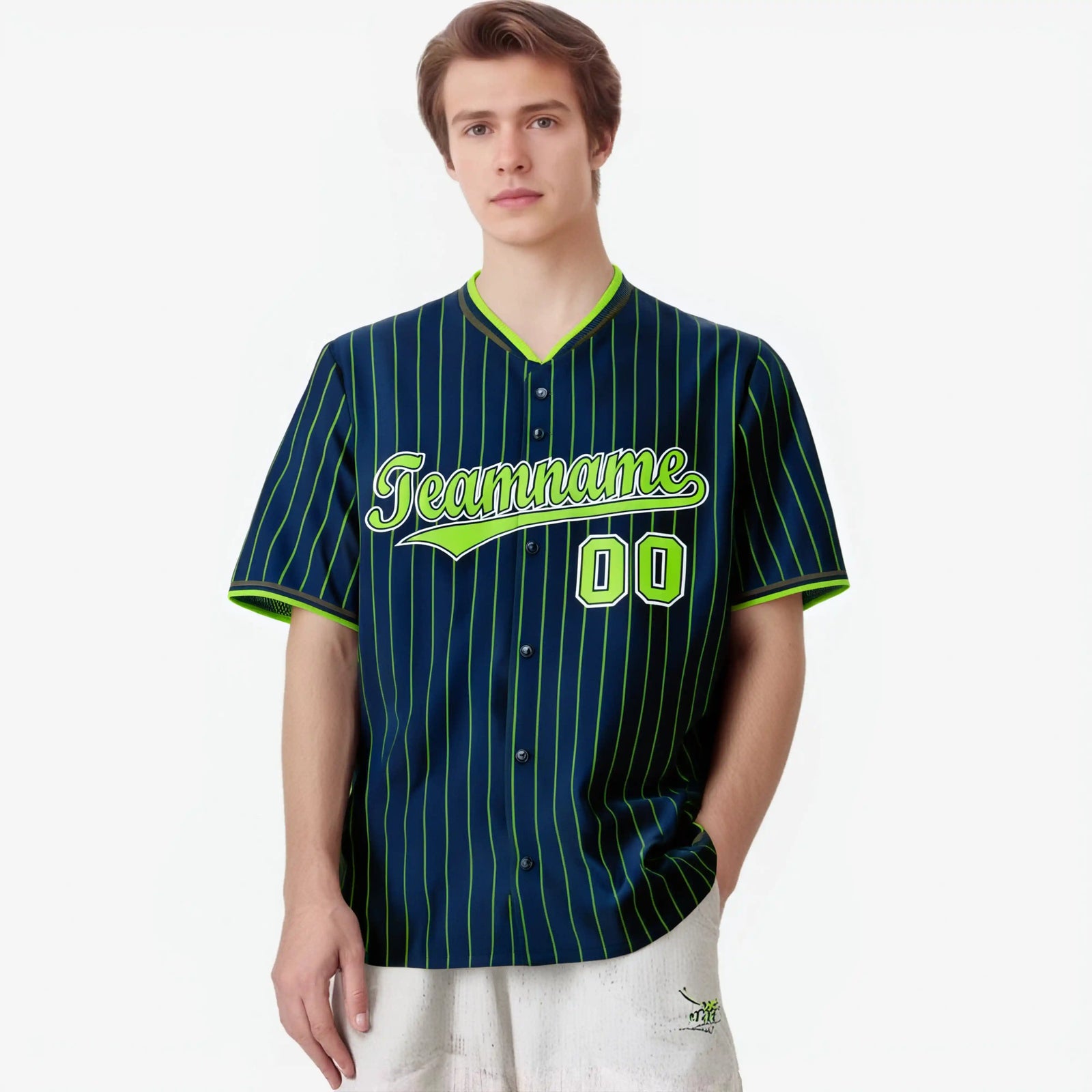 Custom Navy Neon-Green Pinstripe Neon-Green White Authentic Baseball Jersey