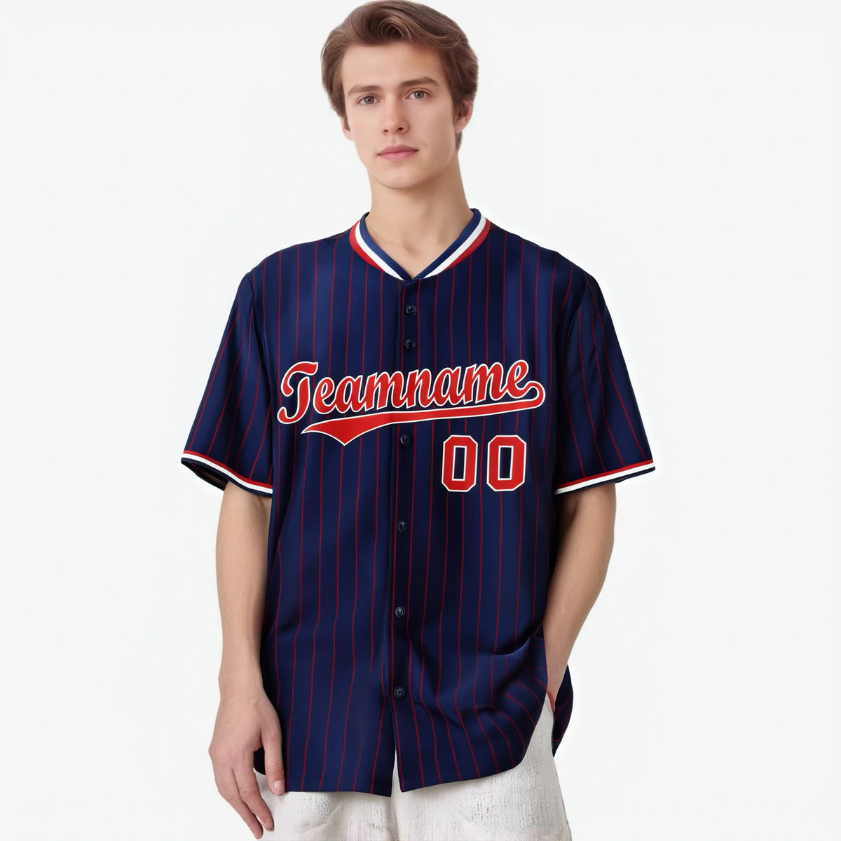 Custom Navy Red Pinstripe Red-White Authentic Baseball Jersey