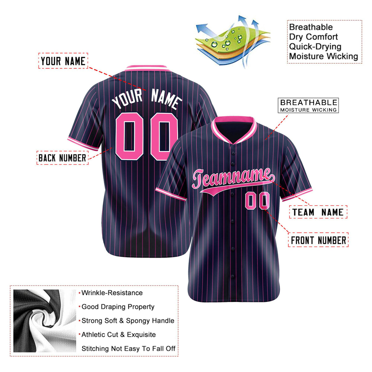 Custom Navy Pink Pinstripe Pink-White Authentic Baseball Jersey
