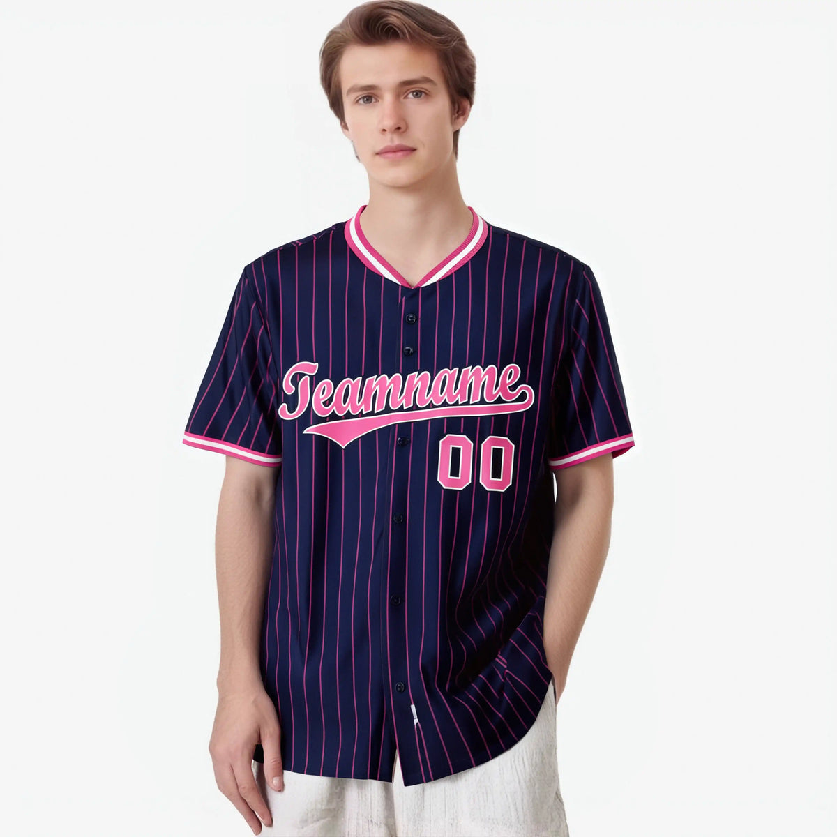 Custom Navy Pink Pinstripe Pink-White Authentic Baseball Jersey