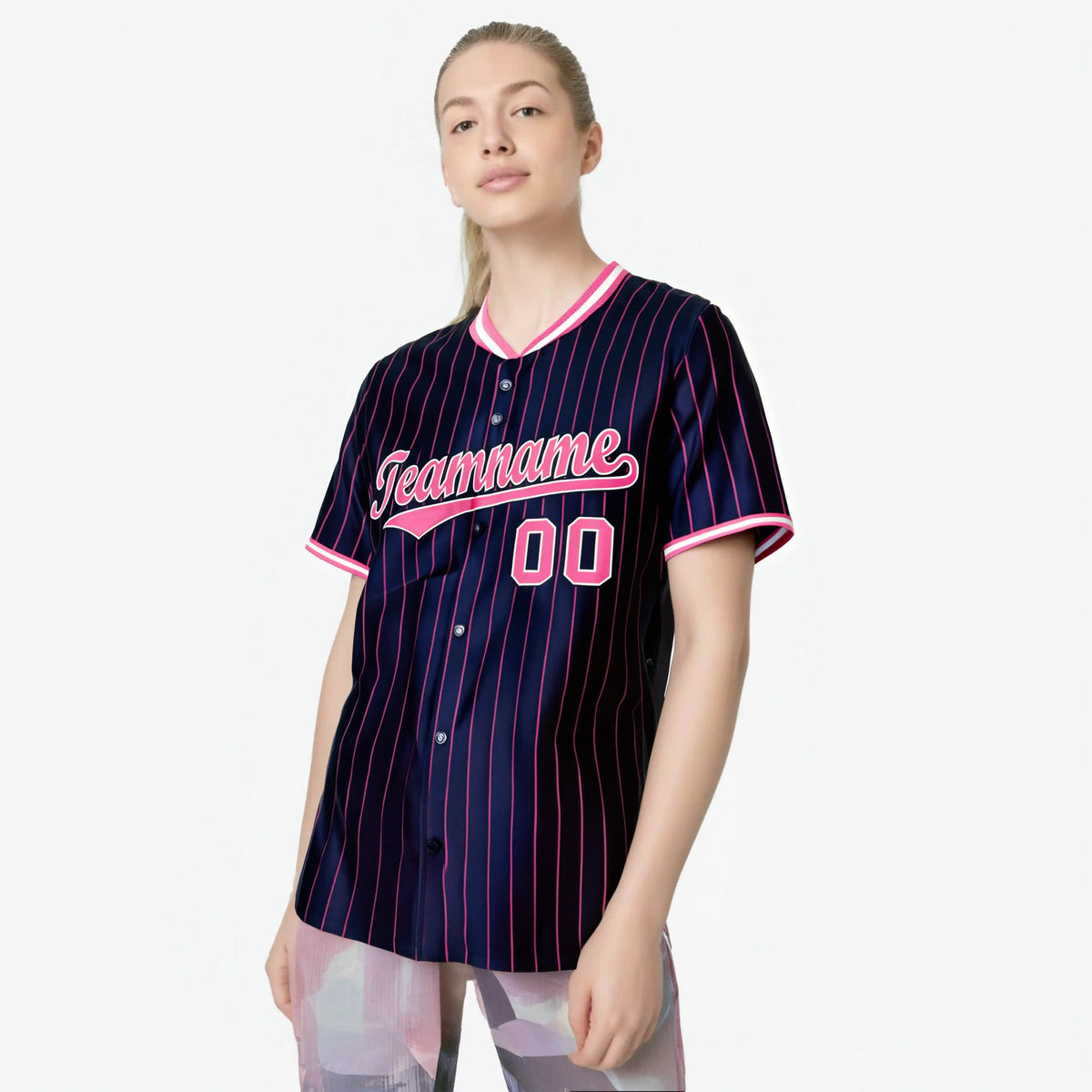 Custom Navy Pink Pinstripe Pink-White Authentic Baseball Jersey