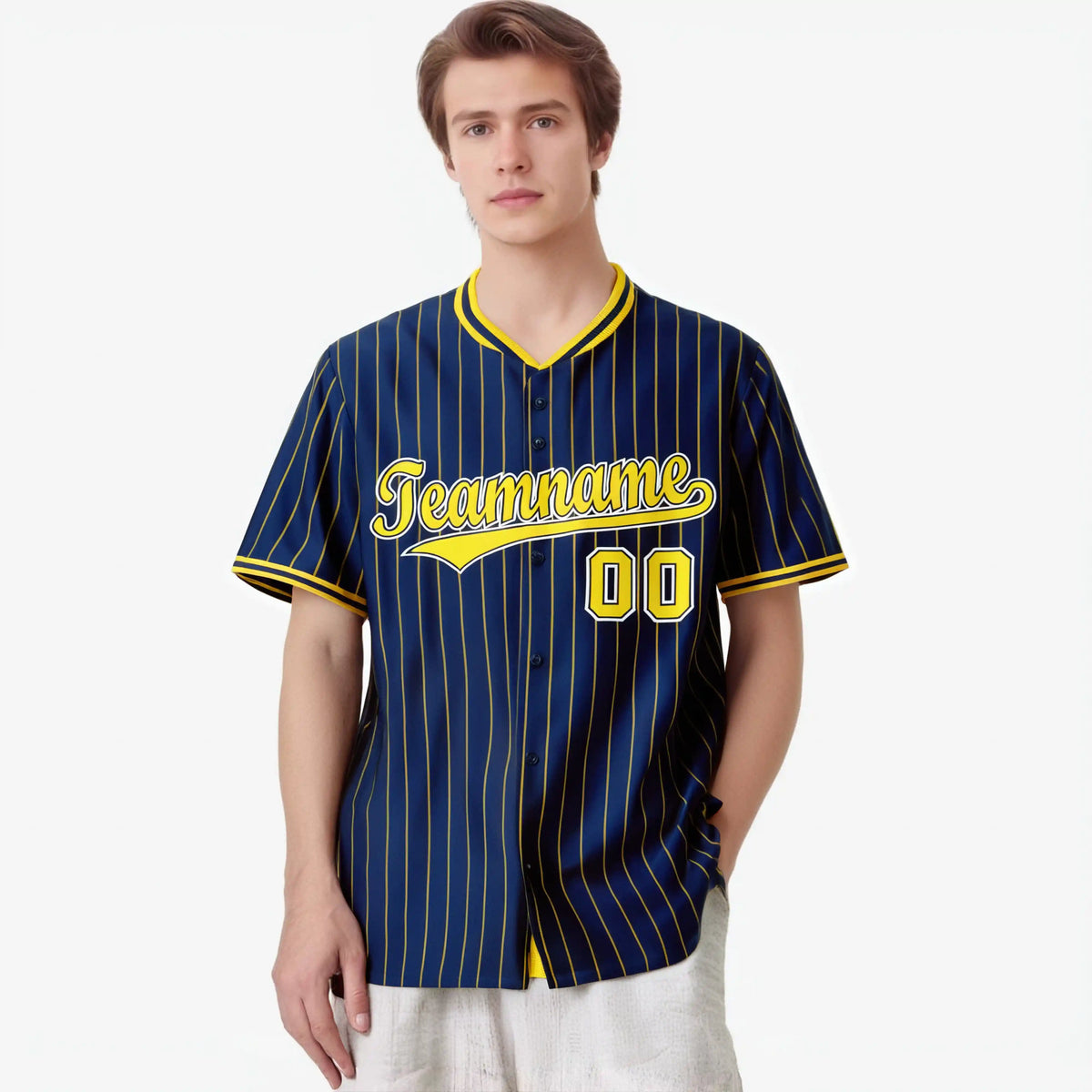 Custom Navy Yellow Pinstripe Yellow-White Authentic Baseball Jersey