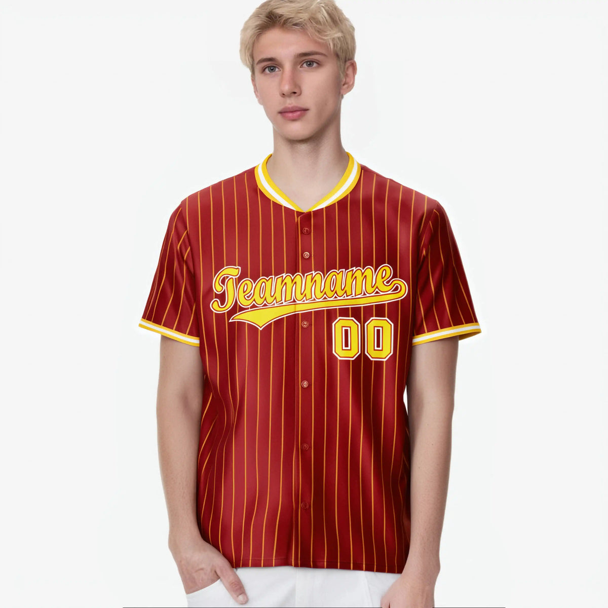 Custom Red Yellow Pinstripe Yellow-White Authentic Baseball Jersey