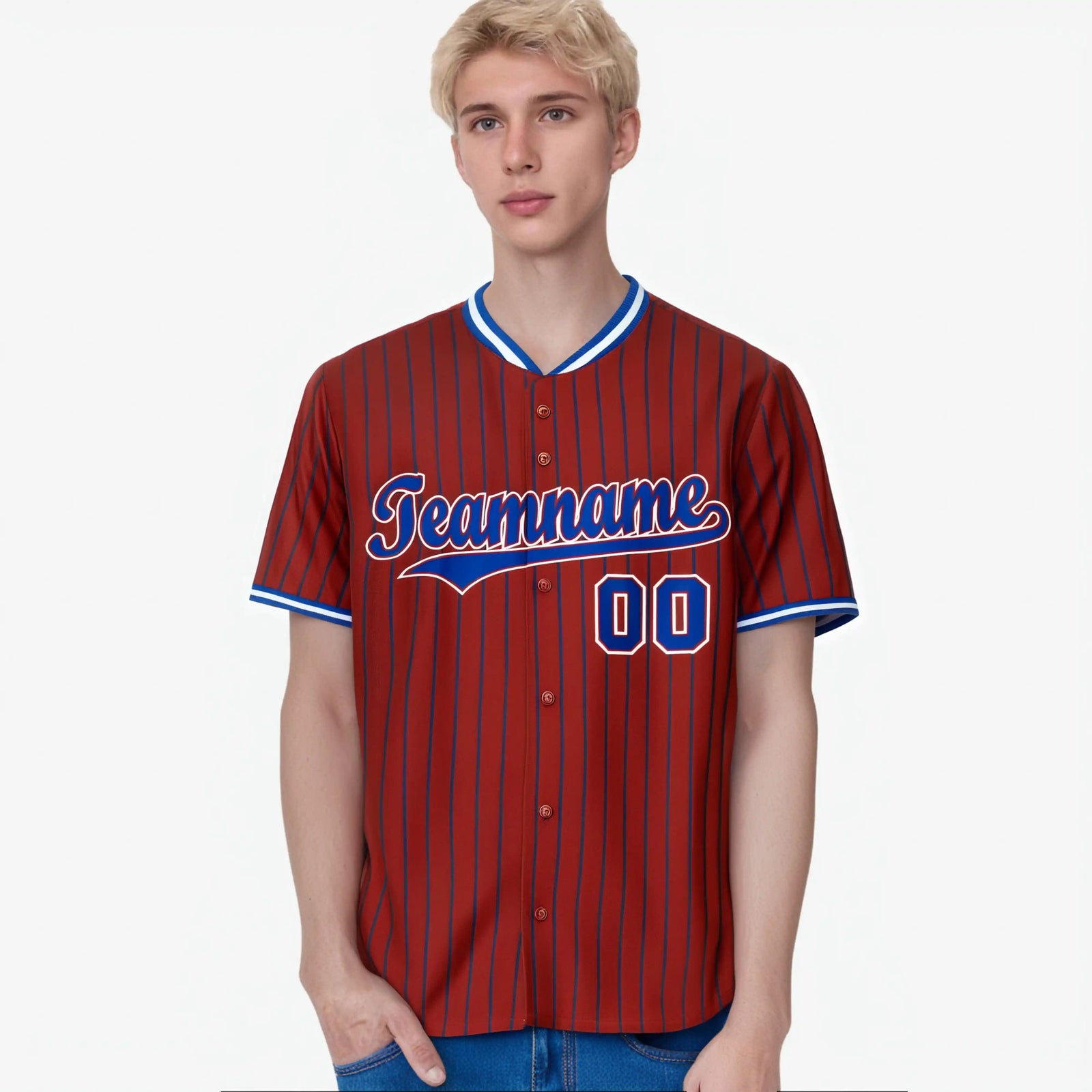 Custom Red Blue Pinstripe Blue-White Authentic Baseball Jersey