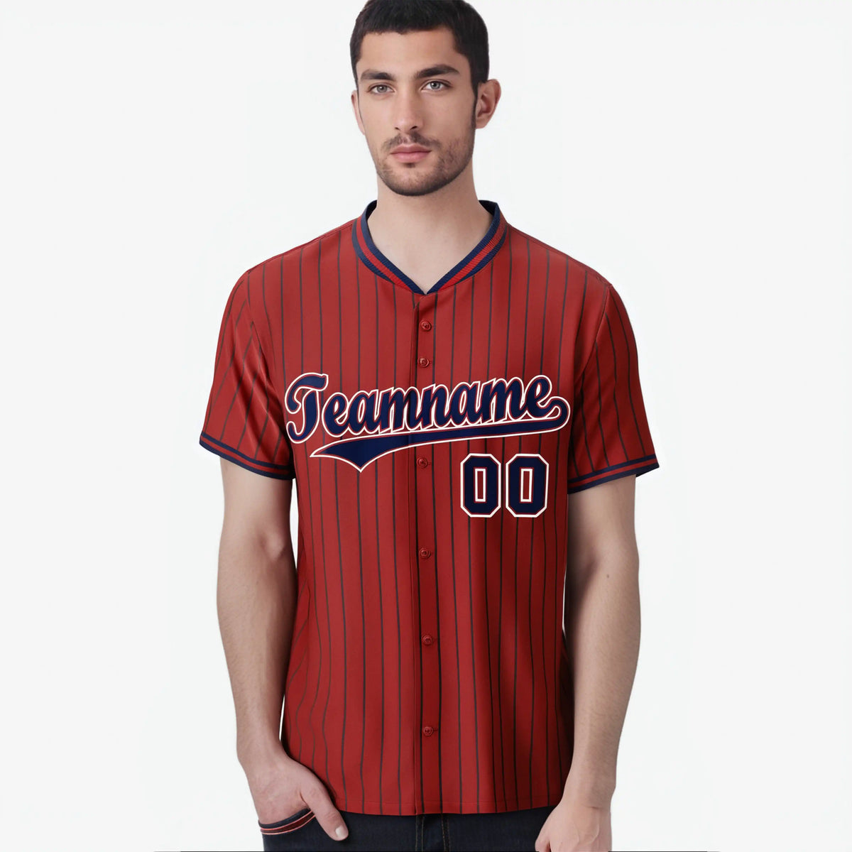 Custom Red Navy Pinstripe Navy-White Authentic Baseball Jersey