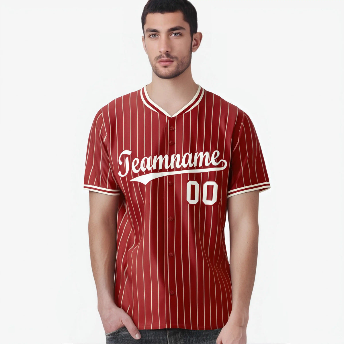 Custom Red Cream Pinstripe Cream-Red Authentic Baseball Jersey
