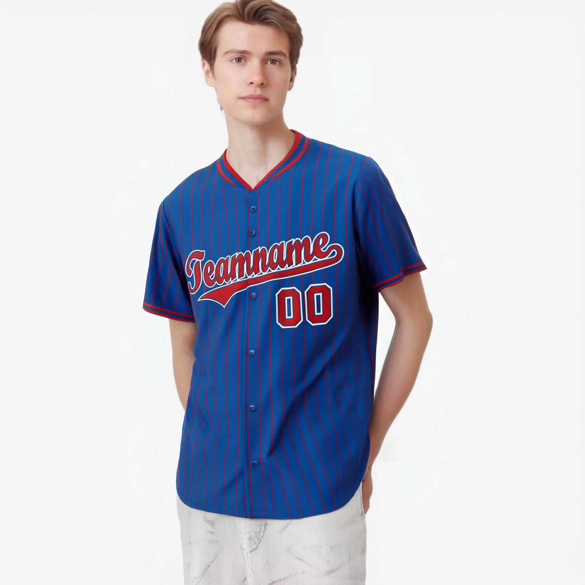 Custom Blue Red Pinstripe Red-White Authentic Baseball Jersey