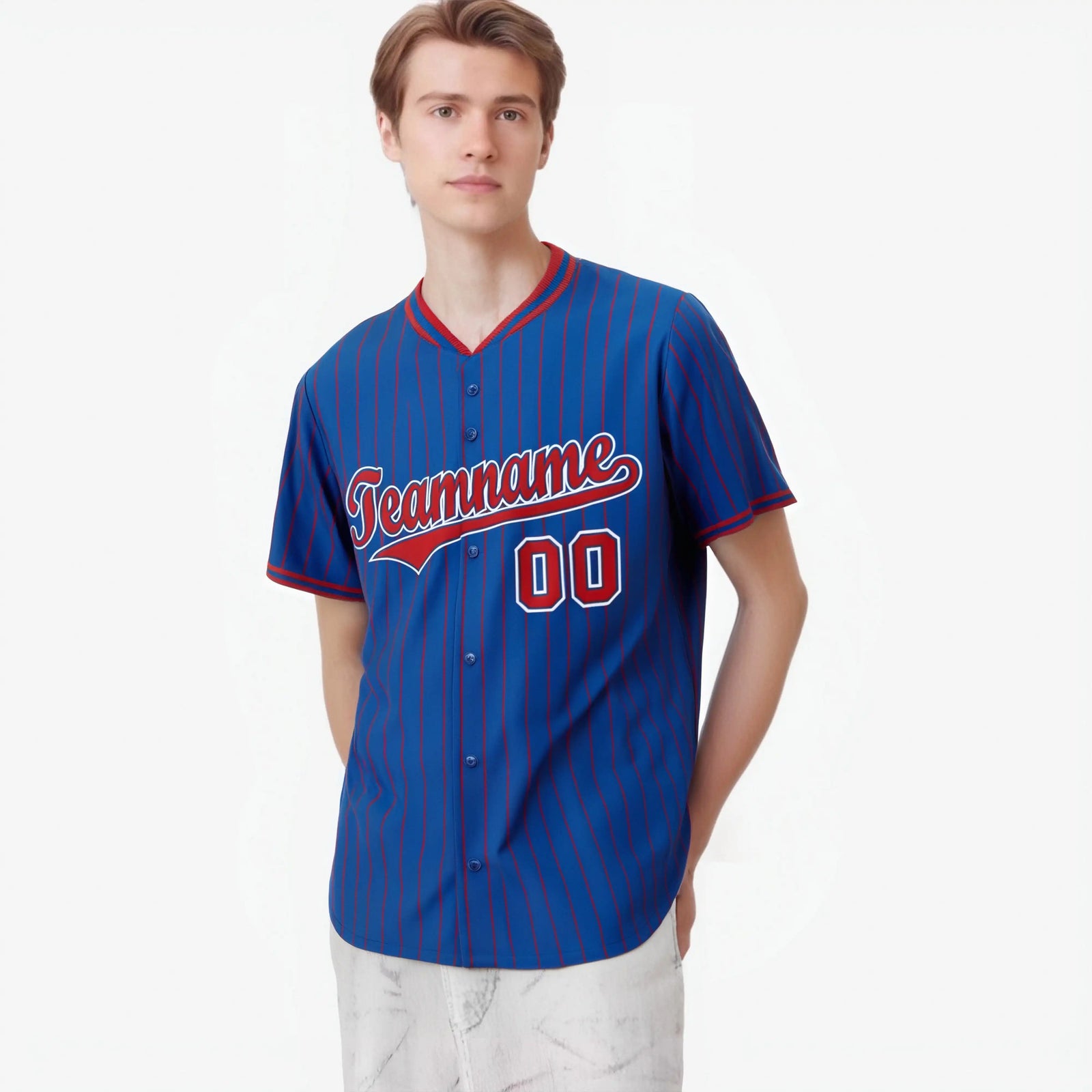Custom Blue Red Pinstripe Red-White Authentic Baseball Jersey