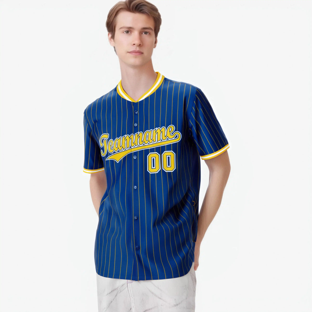 Custom Blue Yellow Pinstripe Yellow-White Authentic Baseball Jersey