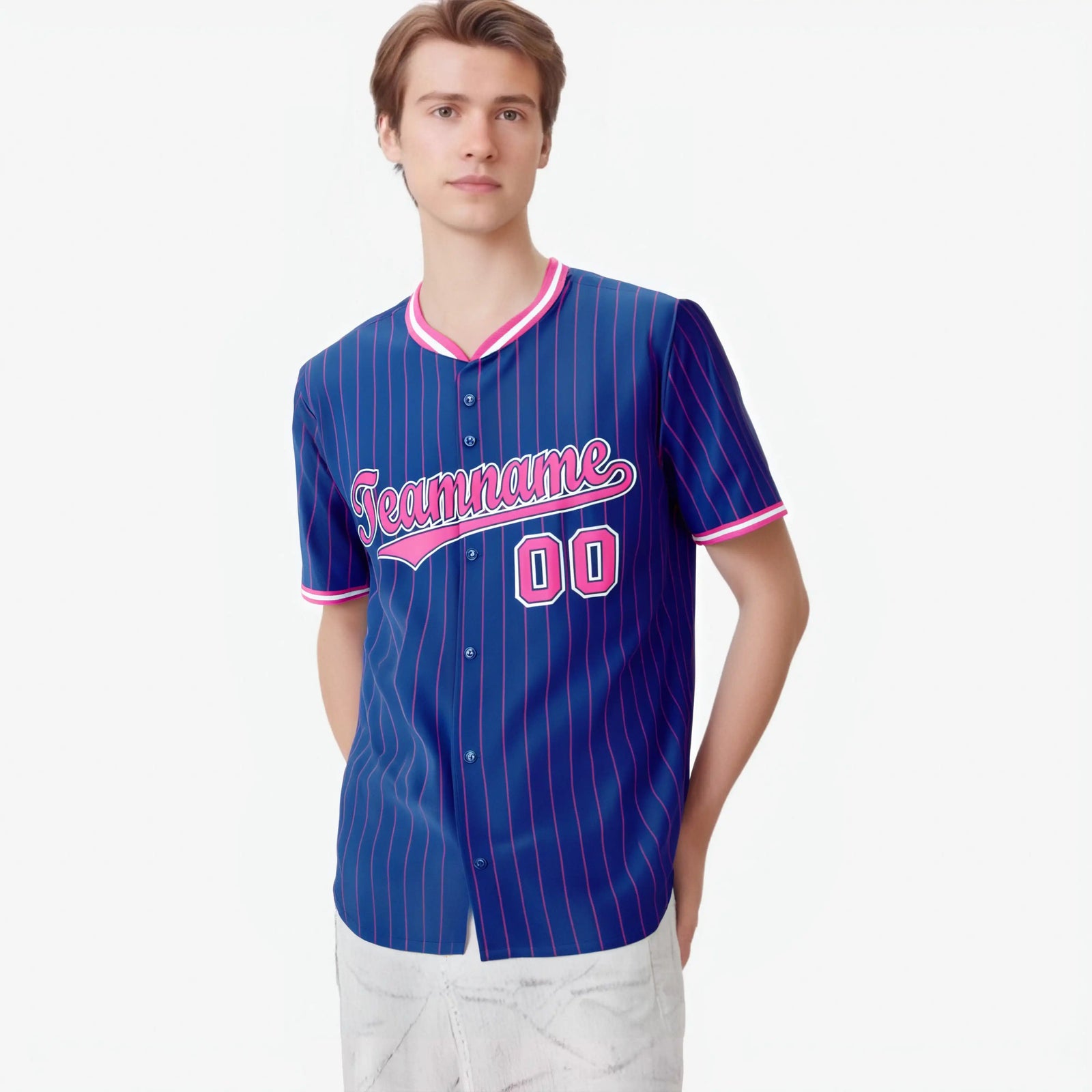 Custom Blue Pink Pinstripe Pink-White Authentic Baseball Jersey