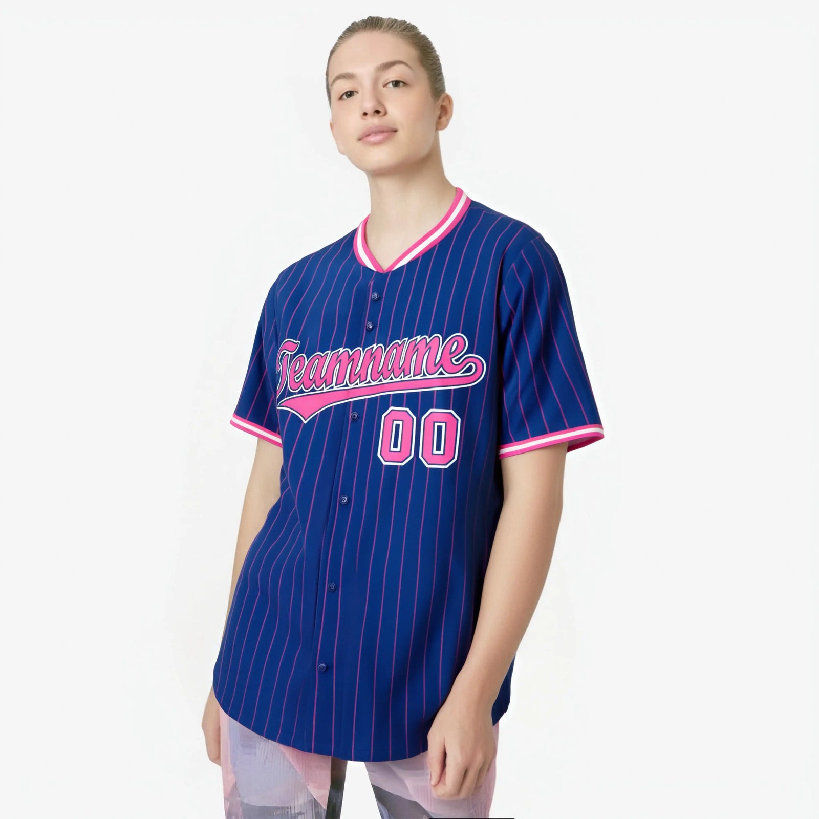 Custom Blue Pink Pinstripe Pink-White Authentic Baseball Jersey