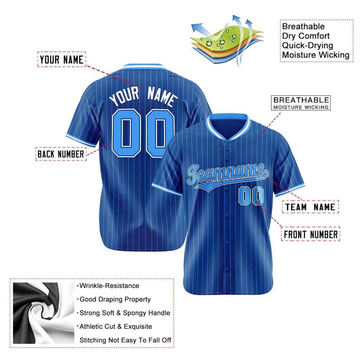 Custom Blue Light-Blue Pinstripe Light-Blue White Authentic Baseball Jersey
