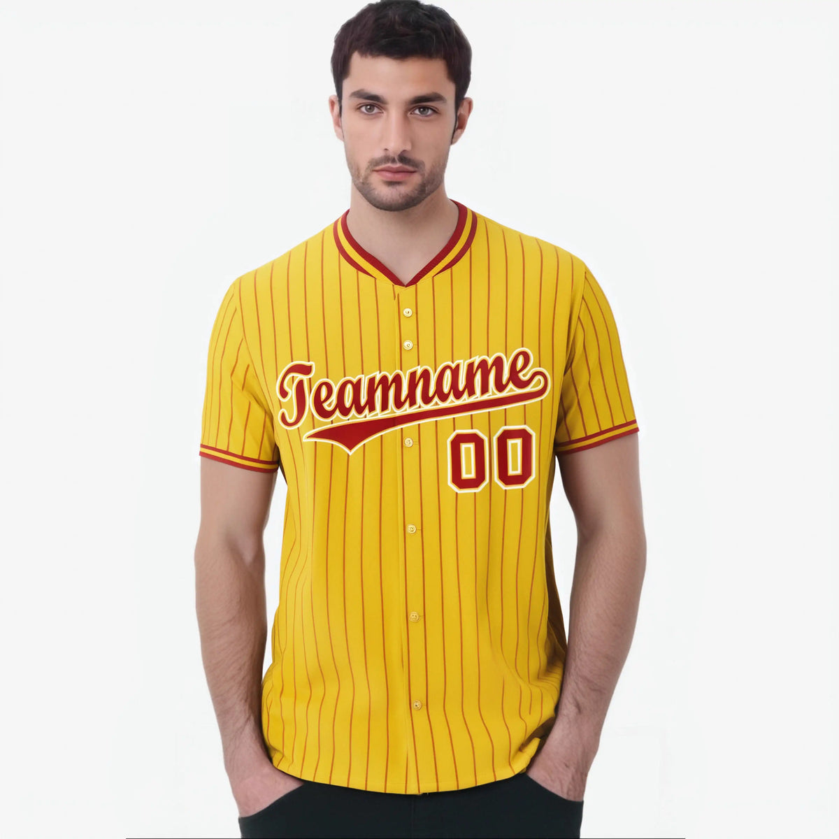 Custom Yellow Red Pinstripe Red-White Authentic Baseball Jersey