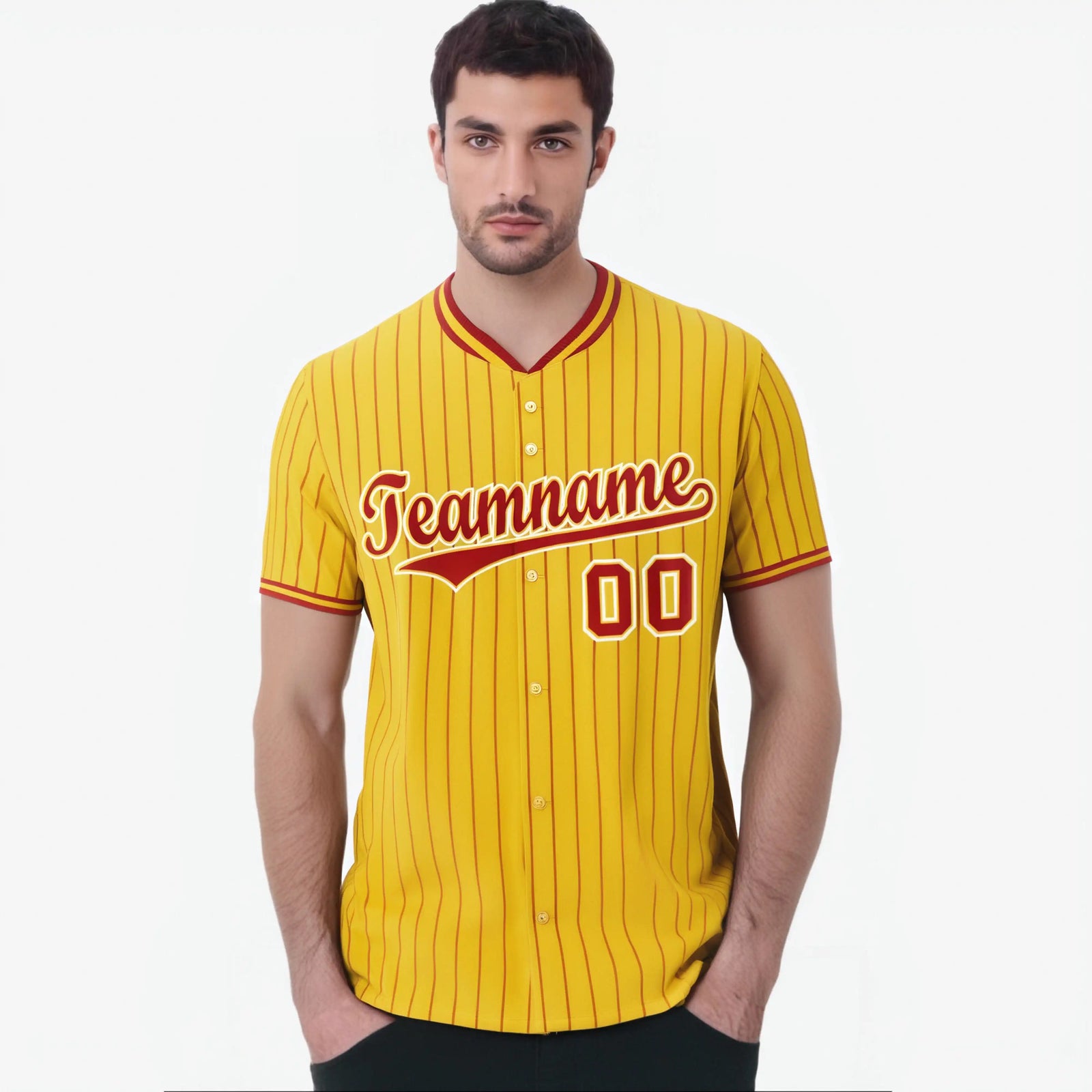 Custom Yellow Red Pinstripe Red-White Authentic Baseball Jersey