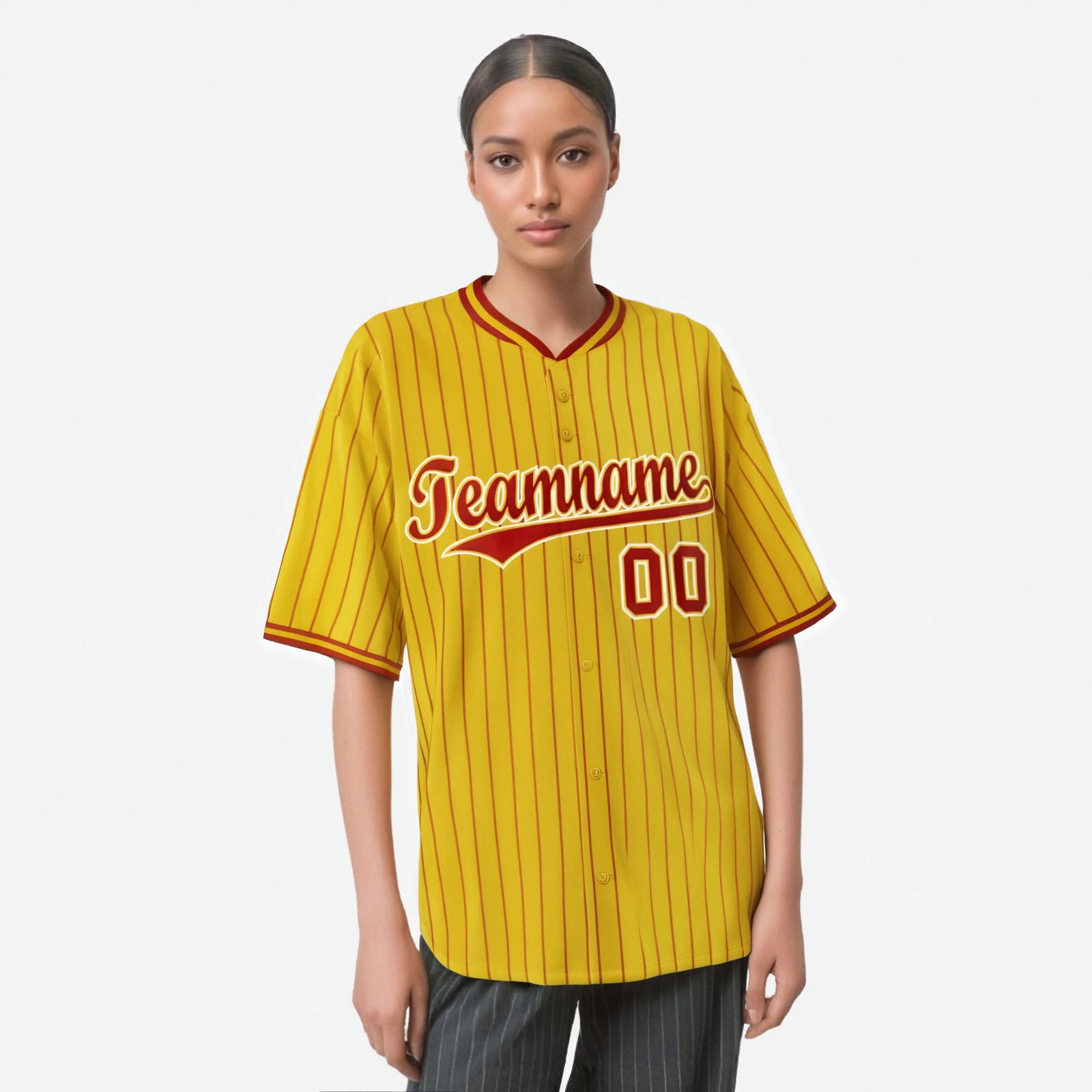 Custom Yellow Red Pinstripe Red-White Authentic Baseball Jersey
