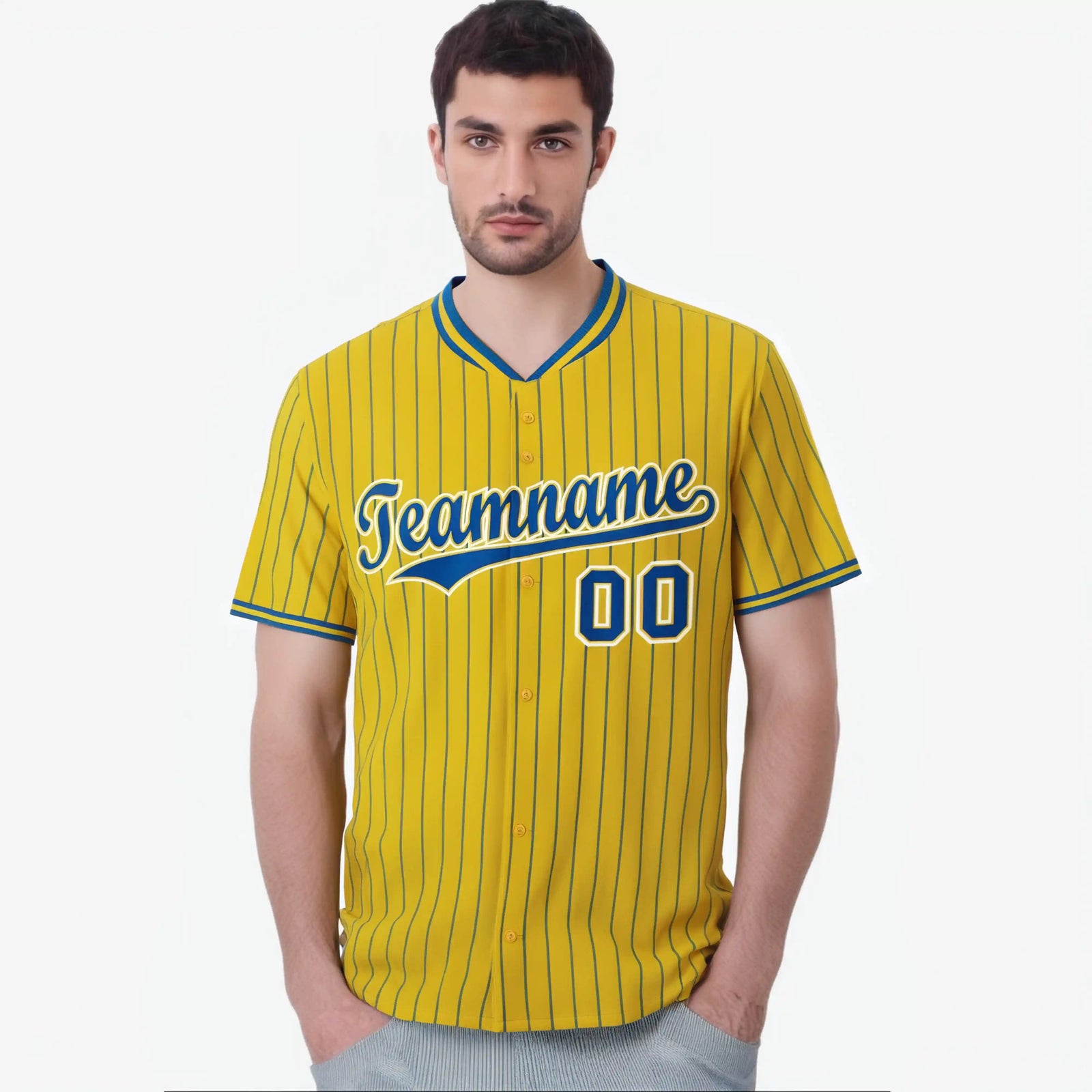 Custom Yellow Blue Pinstripe Blue-White Authentic Baseball Jersey