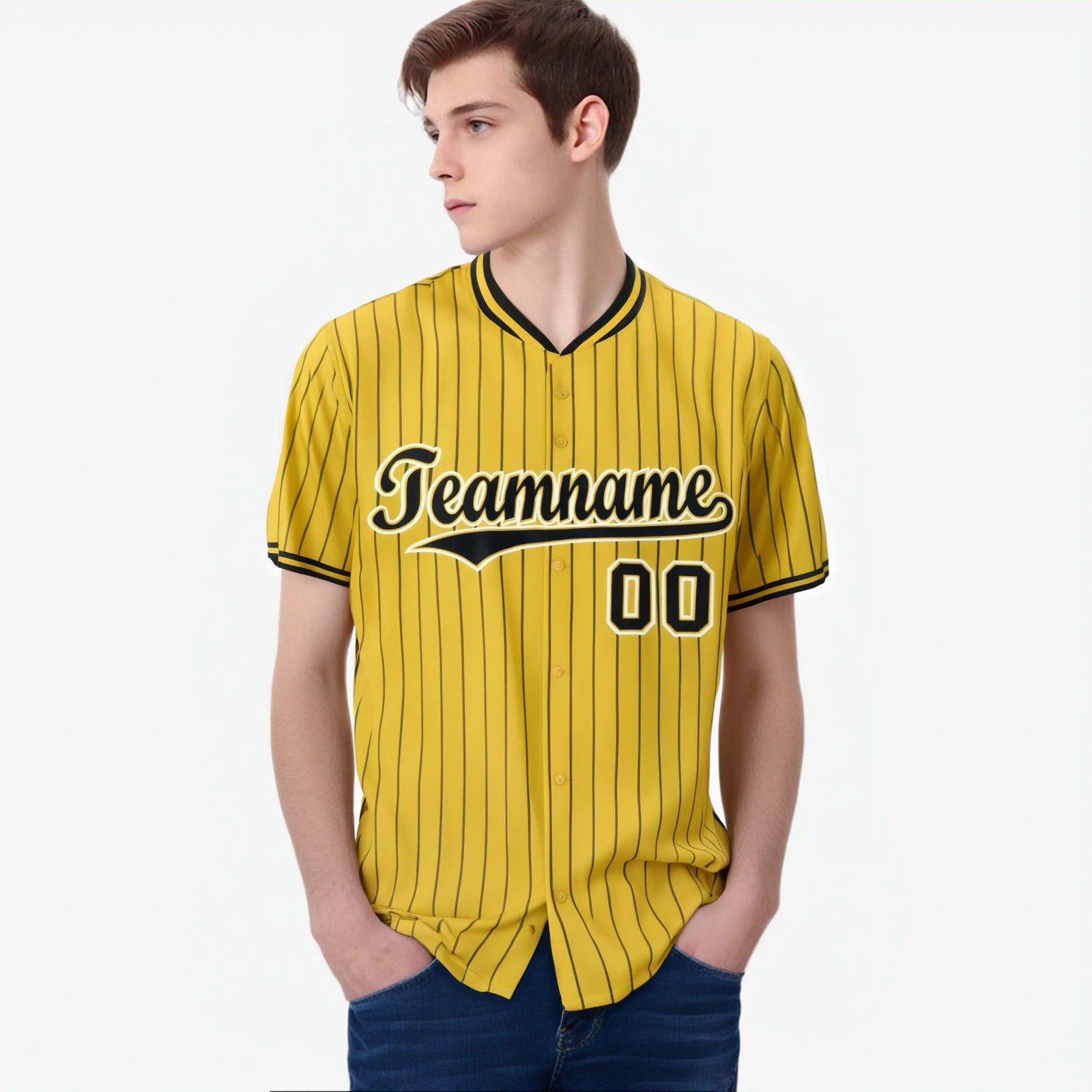 Custom Yellow Black Pinstripe Black-White Authentic Baseball Jersey