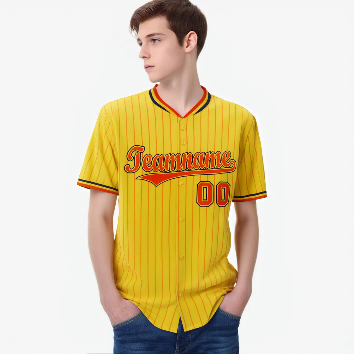 Custom Yellow Orange Pinstripe Orange-Black Authentic Baseball Jersey