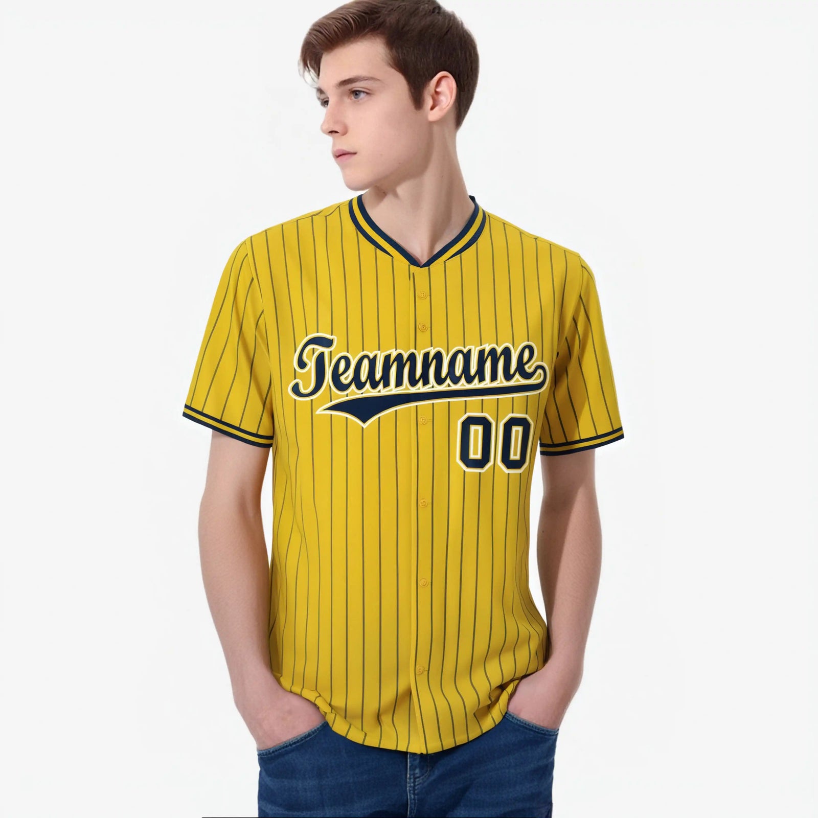 Custom Yellow Navy Pinstripe Navy-White Authentic Baseball Jersey