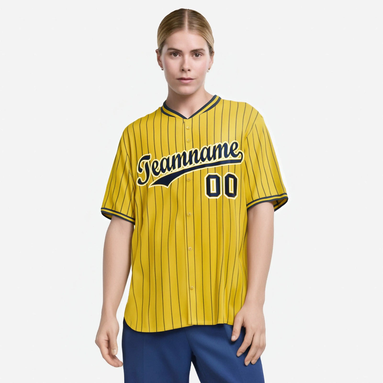Custom Yellow Navy Pinstripe Navy-White Authentic Baseball Jersey