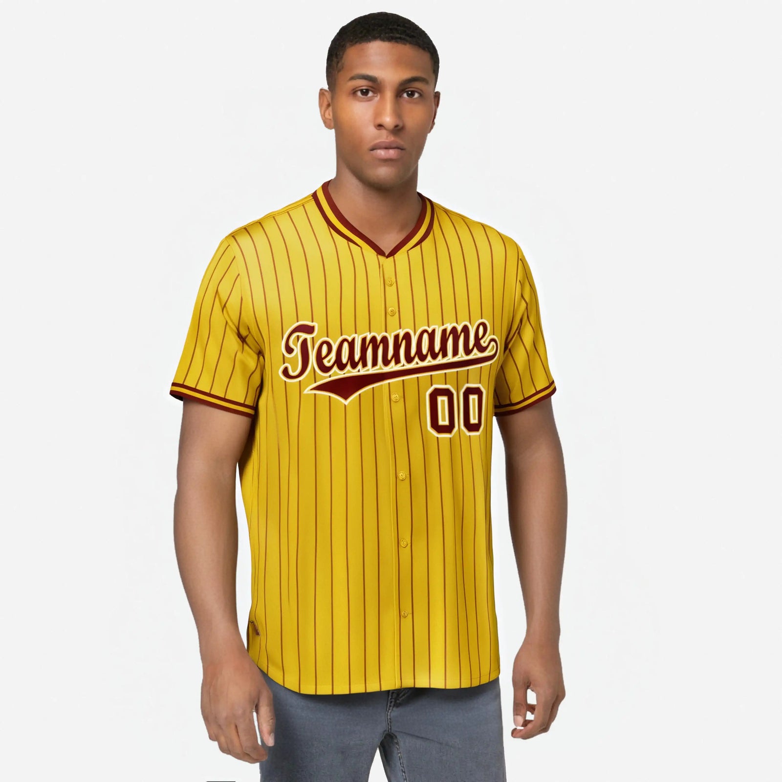 Custom Yellow Burgundy Pinstripe Burgundy-White Authentic Baseball Jersey
