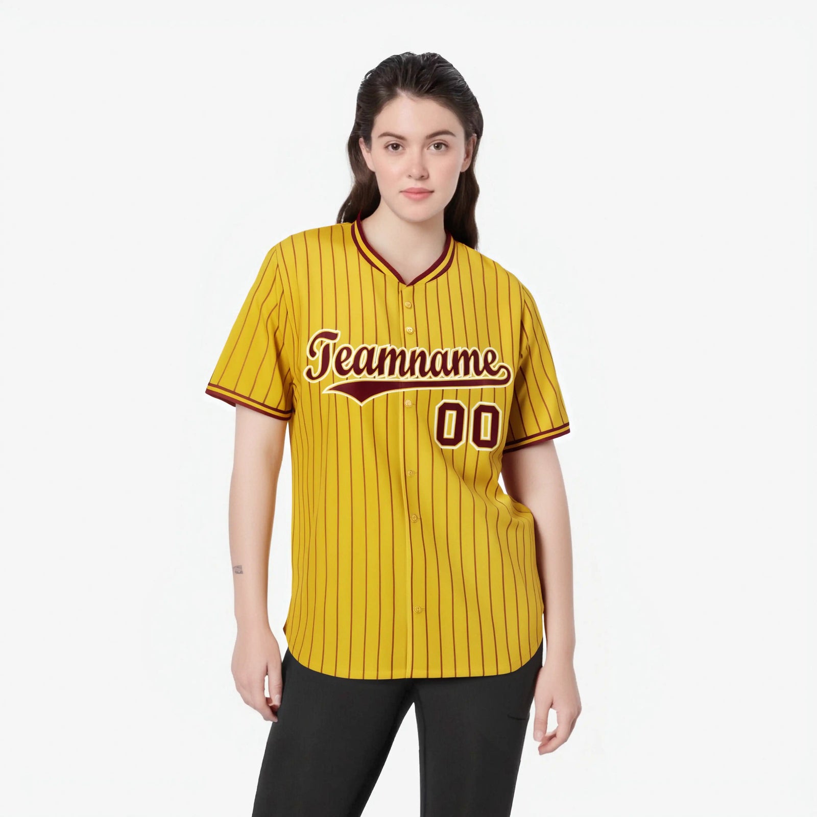 Custom Yellow Burgundy Pinstripe Burgundy-White Authentic Baseball Jersey