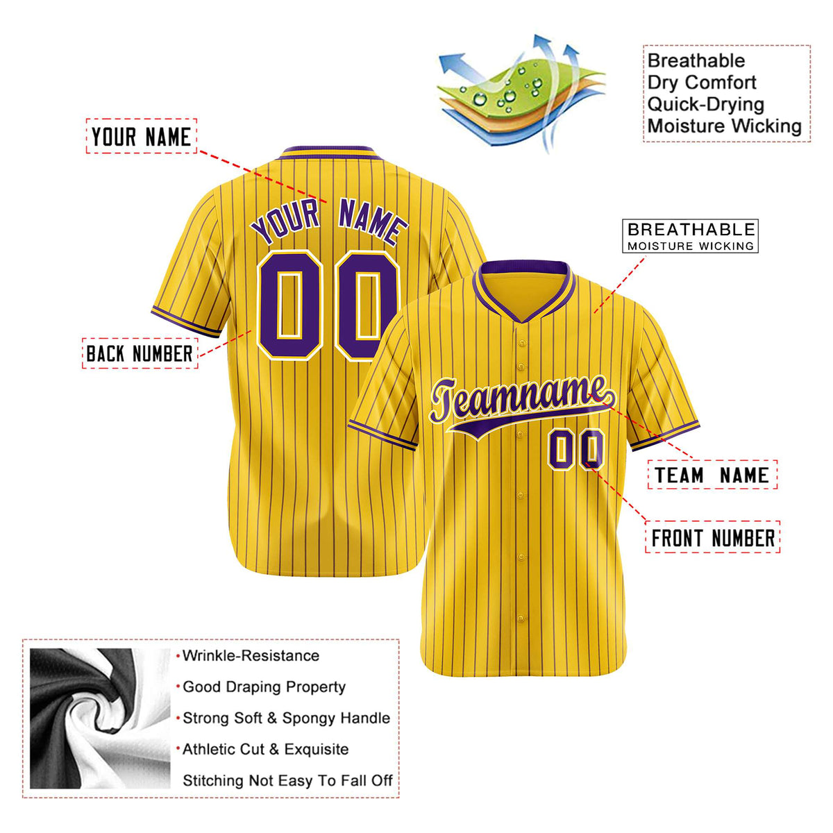 Custom Yellow Purple Pinstripe Purple-White Authentic Baseball Jersey