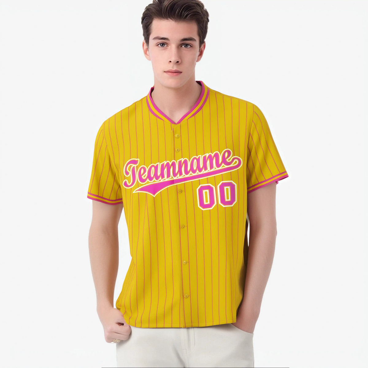 Custom Yellow Pink Pinstripe Pink-White Authentic Baseball Jersey