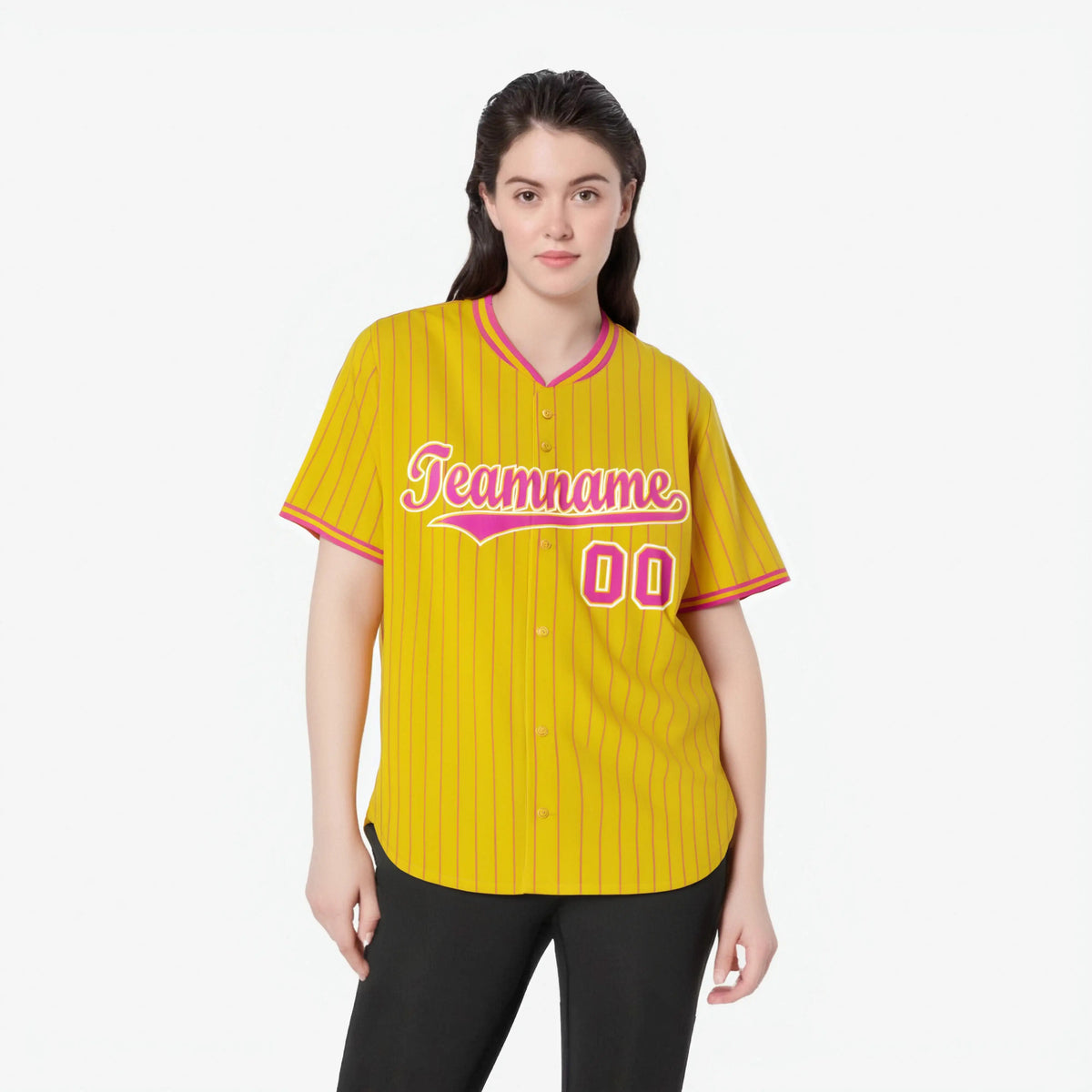 Custom Yellow Pink Pinstripe Pink-White Authentic Baseball Jersey