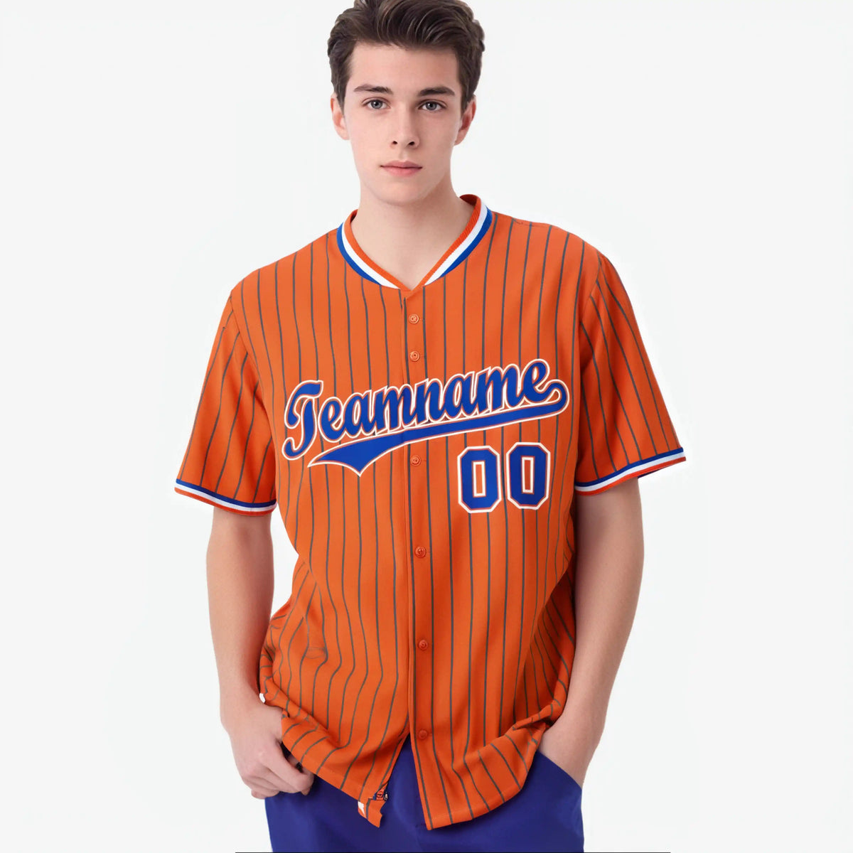 Custom Orange Blue Pinstripe Blue-White Authentic Baseball Jersey