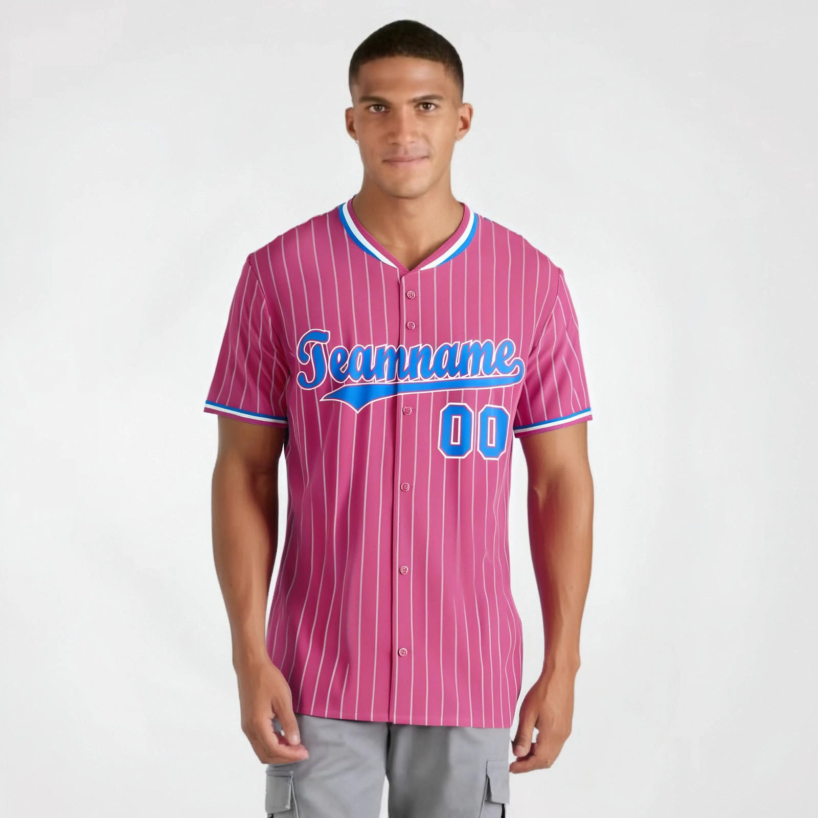 Custom Pink Blue Pinstripe Blue-White Authentic Baseball Jersey