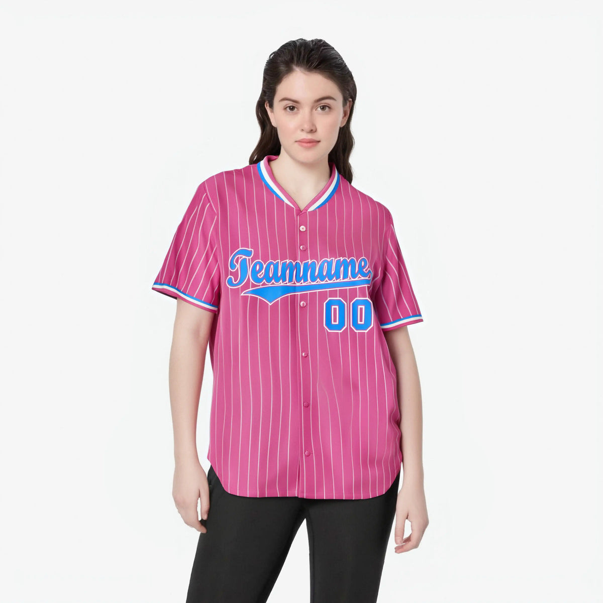 Custom Pink Blue Pinstripe Blue-White Authentic Baseball Jersey