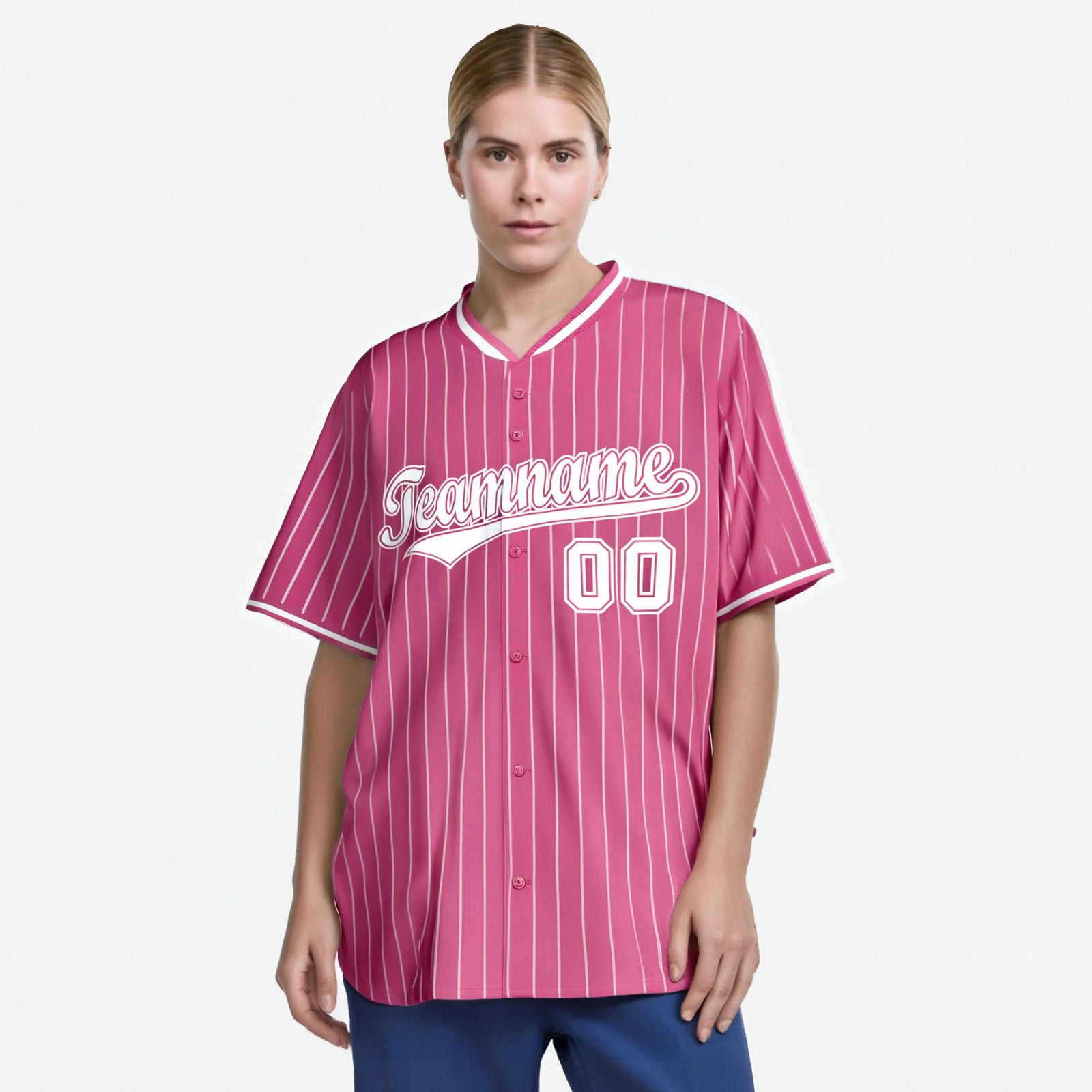 Custom Pink Navy Pinstripe Navy-White Authentic Baseball Jersey