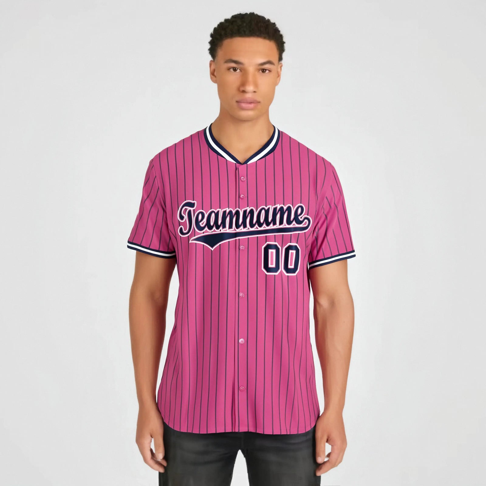 Custom Pink Blue Pinstripe Blue-White Authentic Baseball Jersey