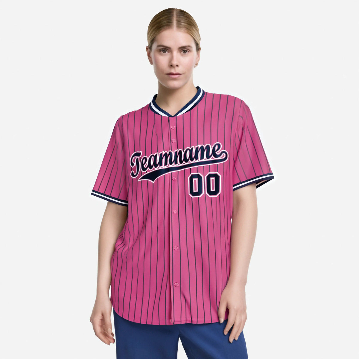 Custom Pink Blue Pinstripe Blue-White Authentic Baseball Jersey