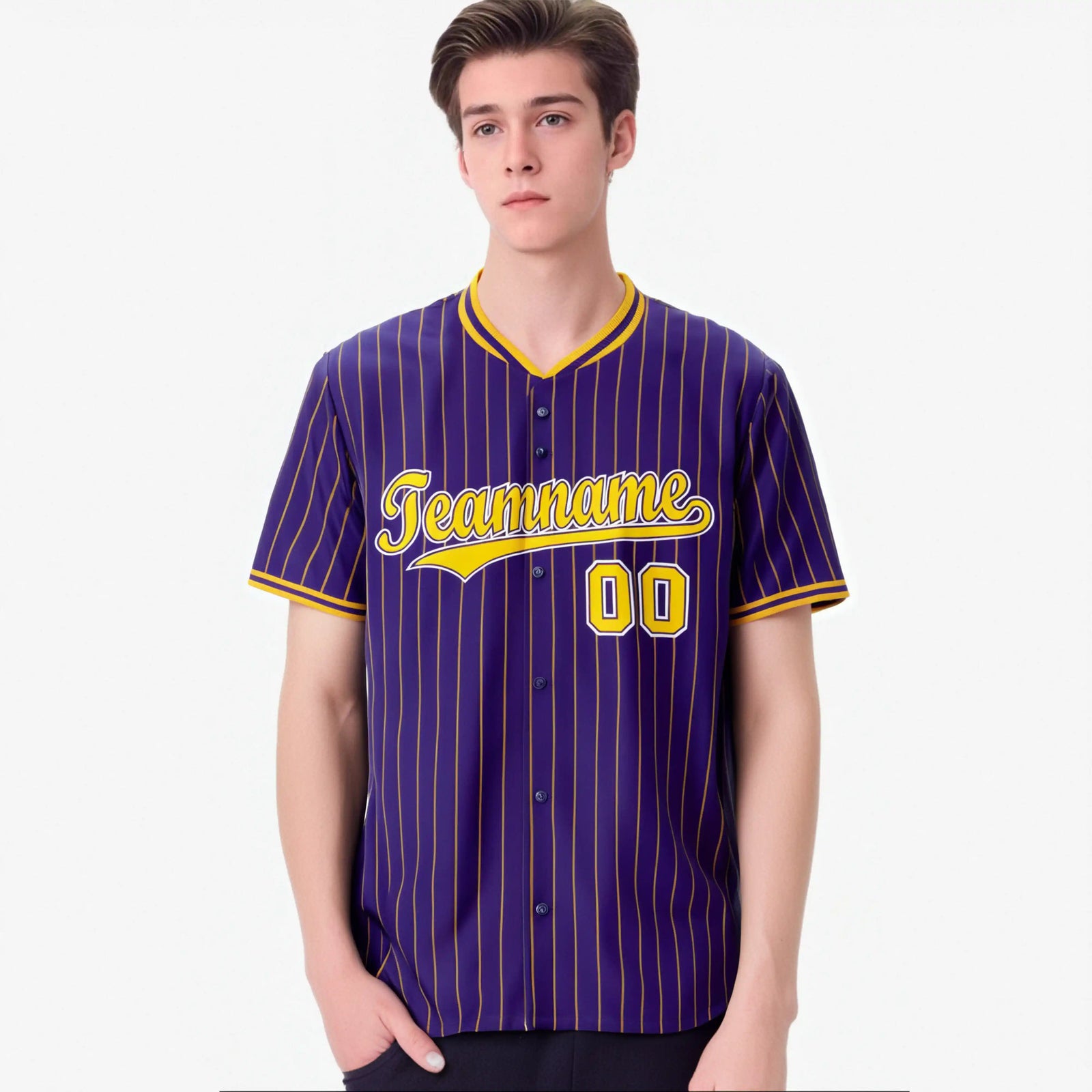 Custom Purple Yellow Pinstripe Yellow-White Authentic Baseball Jersey